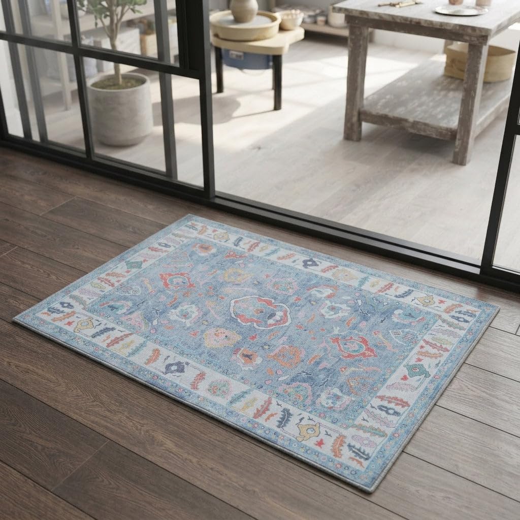 Fame Rugs Blue Modern Oushak Rug 3x5, Washable Vintage Turkish Colorful Oriental Antique Inspired Foldable Small Area Rugs, Luxury Living Room Bedroom (381LB, 2'6" x 5')