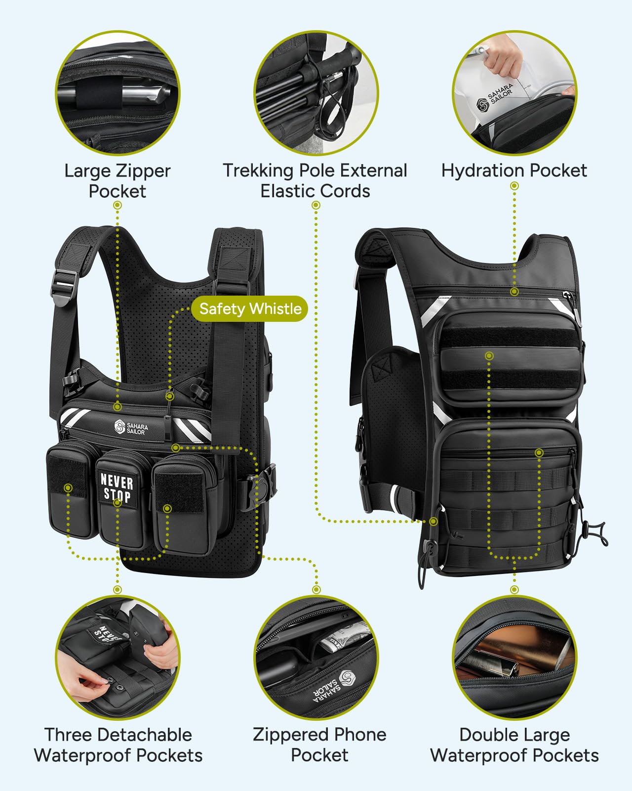 Gilet de course pour homme et femme, sac à dos d'hydratation multi-poches avec poche d'eau de 2 L, rangement modulaire MOLLE, épaules et taille réglables, réfléchissant, respirant pour la randonnée