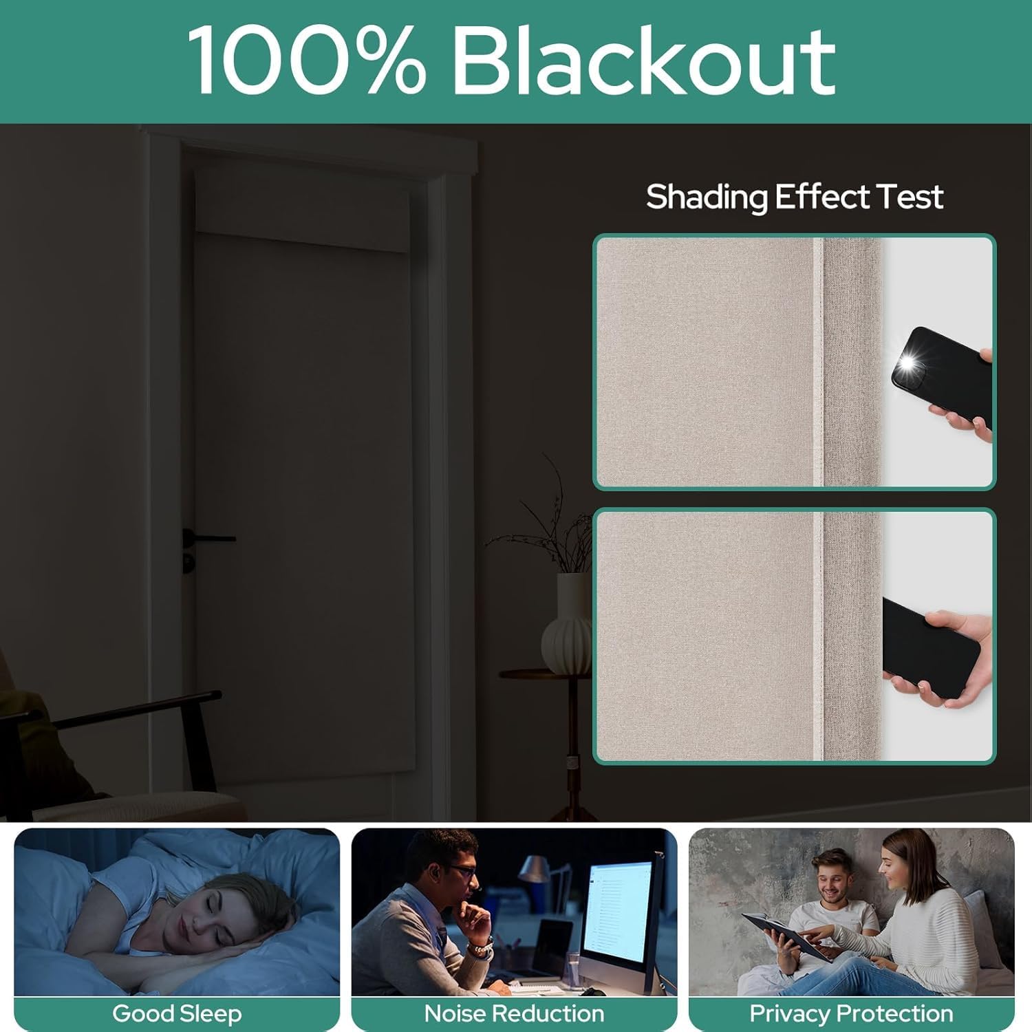 HOMEIDEAS 100% Natural Linen Blackout French Door Curtains, Privacy Door Window Curtains, 34 X 68 Inch Room Darkening Blinds, Thermal Insulated Shades for Bedroom, 1 Panel