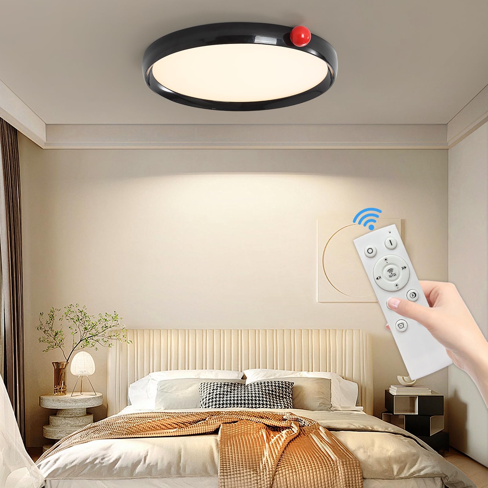 Mikeru 40cm Flush Bathroom Ceiling Light, 3000K/4500K/6000K Black with Red Ball Round LED Dimmable Ceiling Lights 3000K/4500K/6500K Ultra-Thin 4cm Bedroom Light with Remote 10% to 100% for Kitchens