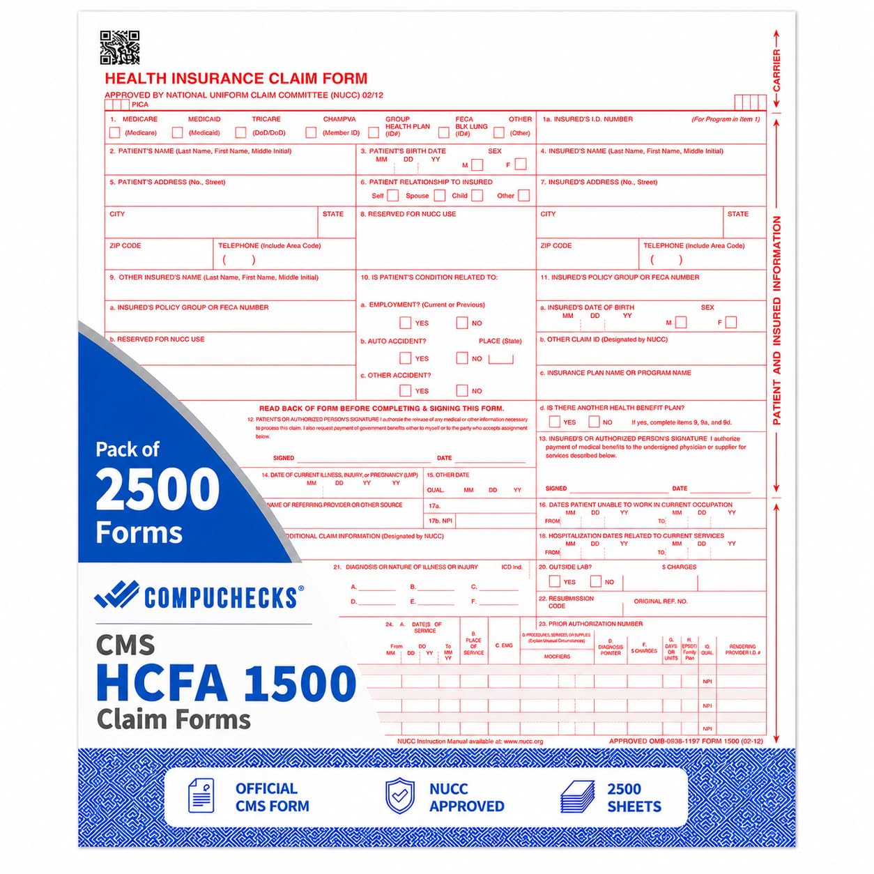 Compuchecks CMS-1500 HCFA Health Insurance Claim Forms, 02/12, 2500 Sheets