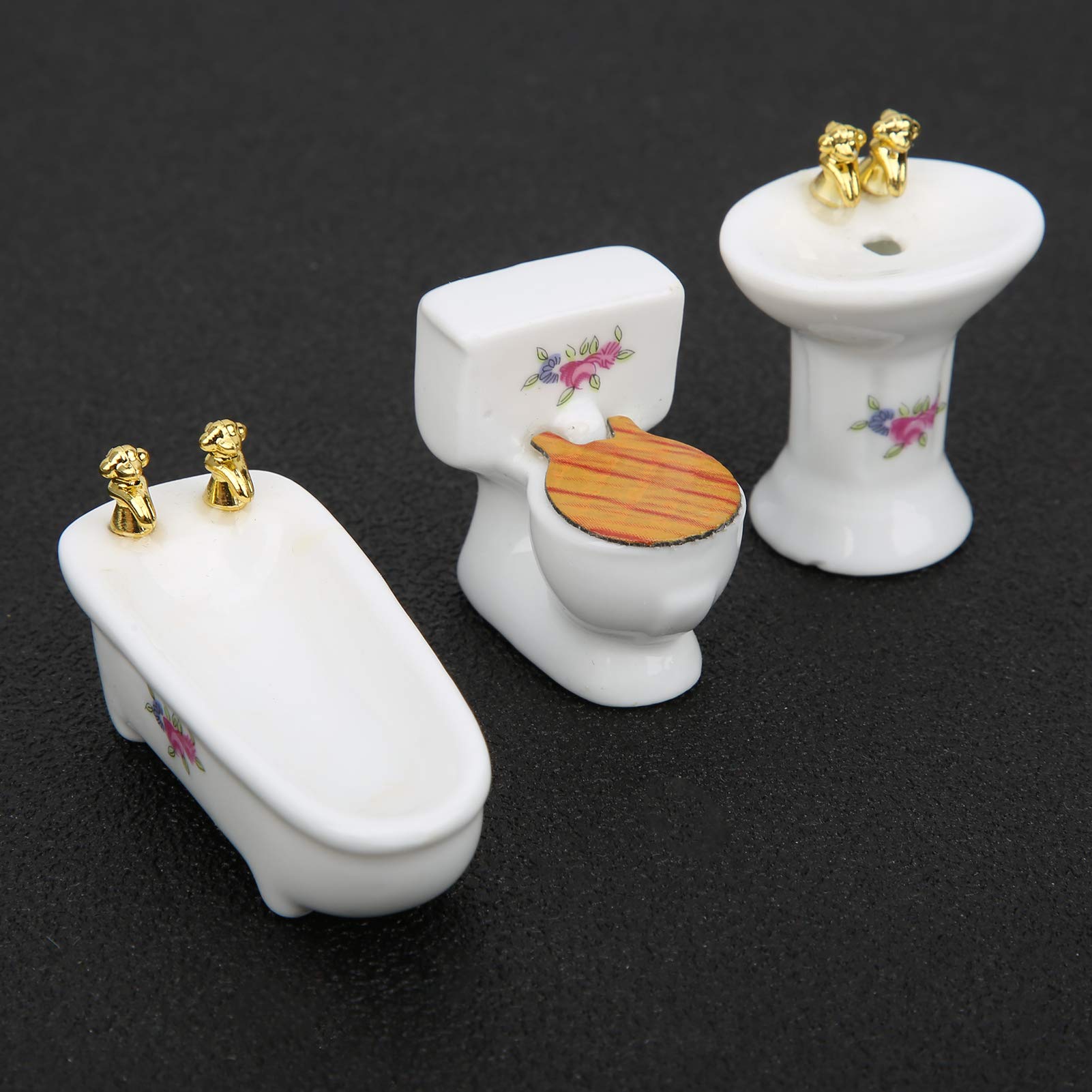 Generic 1/24 Casa de Muñecas Miniatura Exquisito Juego de Baño de Cerámica para Casa de Muñecas, Rosa Blanca Trébol de Cuatro Hojas Bañera Lavabo Kit para Mini de (#3)