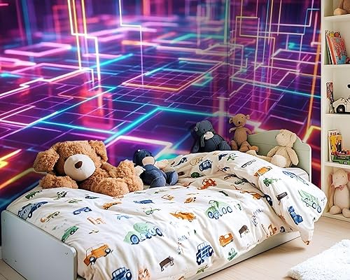 Miniatura 2 de Murales de pared de lienzo geométricos autoadhesivos de los años 80 de neón retro Synthwave 3D, líneas brillantes, papel tapiz de pared para