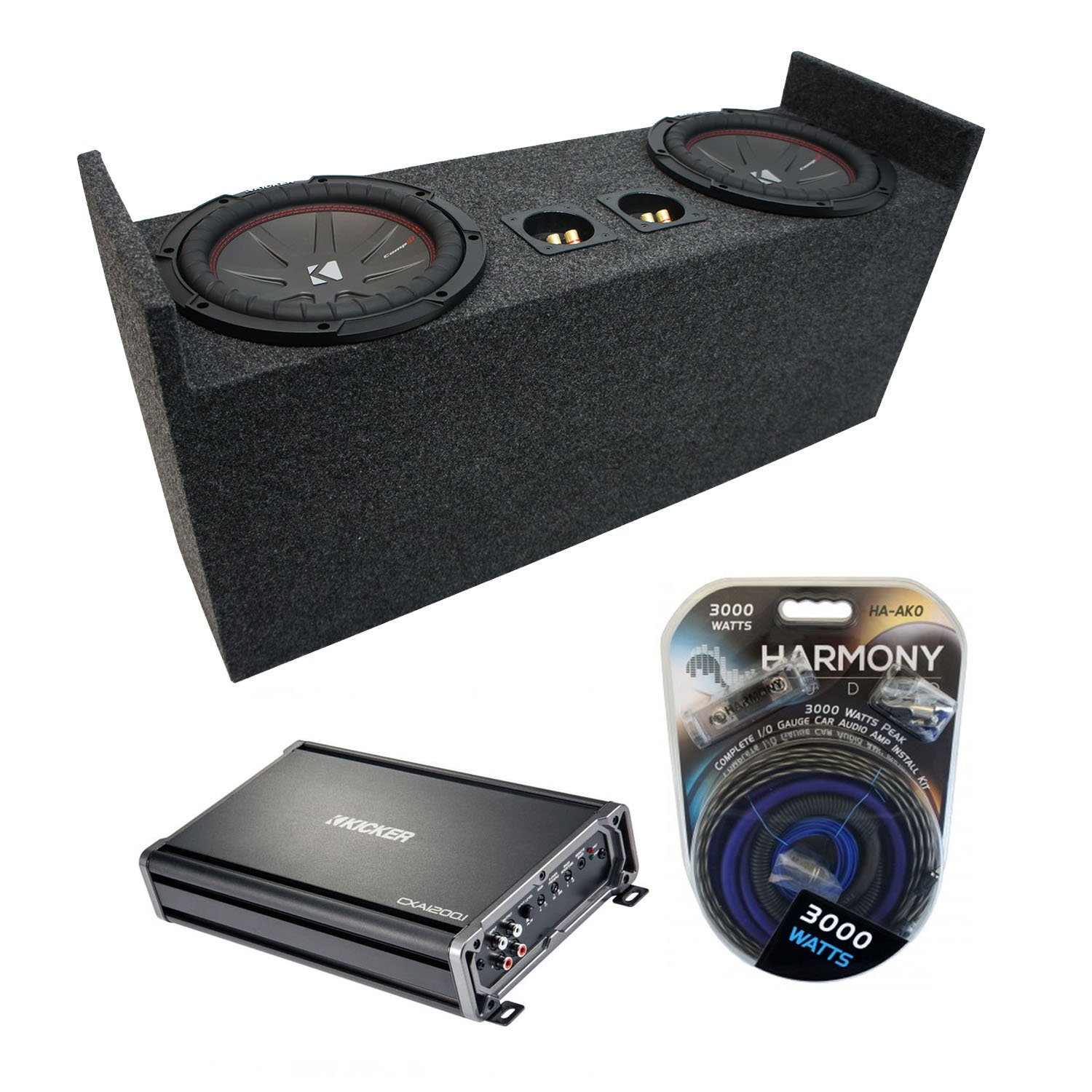 Harmony Audio HA-AK0 Compatible with Jeep Wrangler YJ TJ 1987-2006 Car Stereo Complete 1/0 Gauge 3000W Amp Kit, 43CWR102 CompR CWR10 Series 400W RMS Car Sub and 43CXA12001-RS Class D 1200W Sub Amp