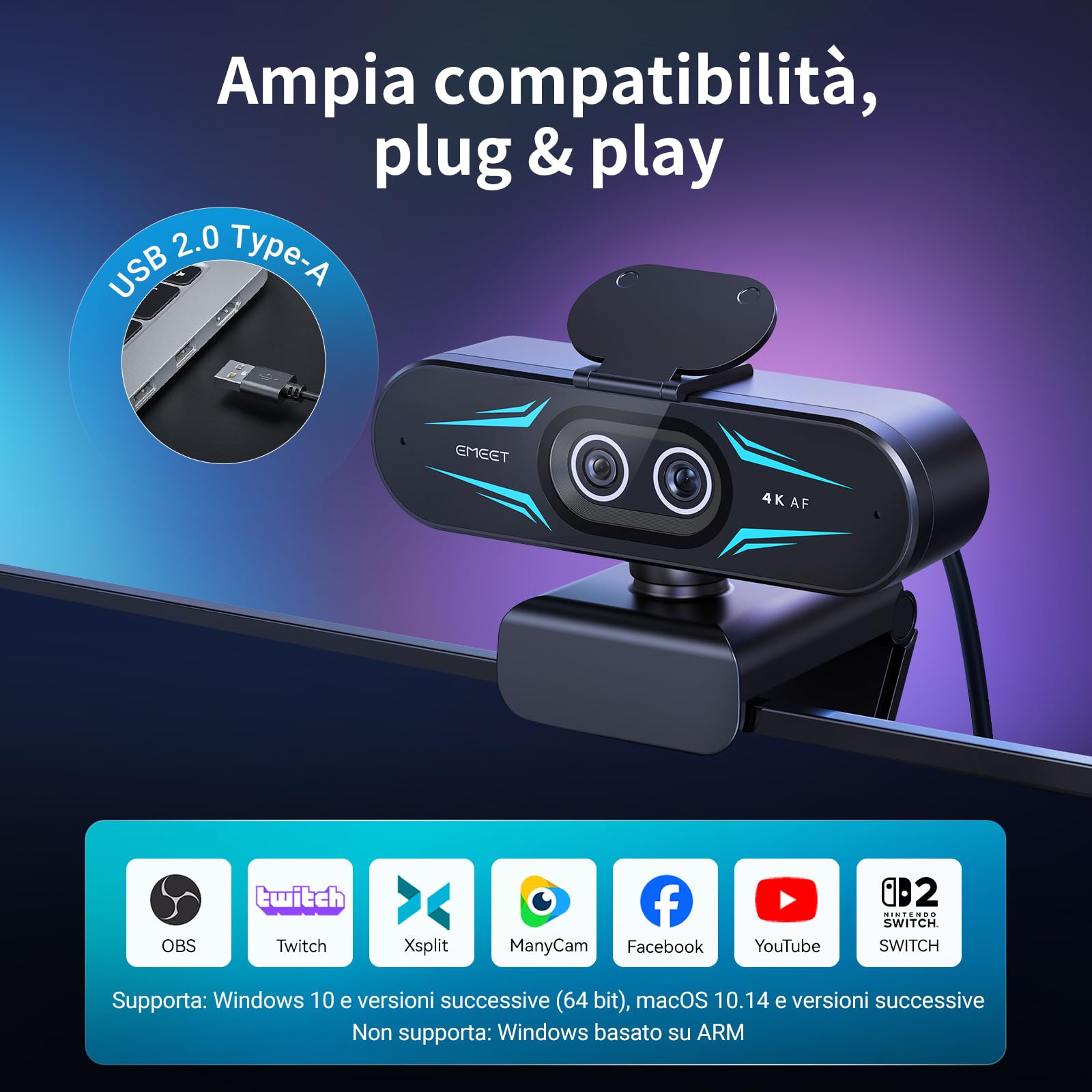 EMEET Webcam 4K con doppia fotocamera, con Obiettivi Grandangolari e Telefoto, Zoom Ibrido fino a 11X e Autofocus PDAF, Telecomando, Illuminazione RGB, 2 Microfoni, Ideale per Live Streaming
