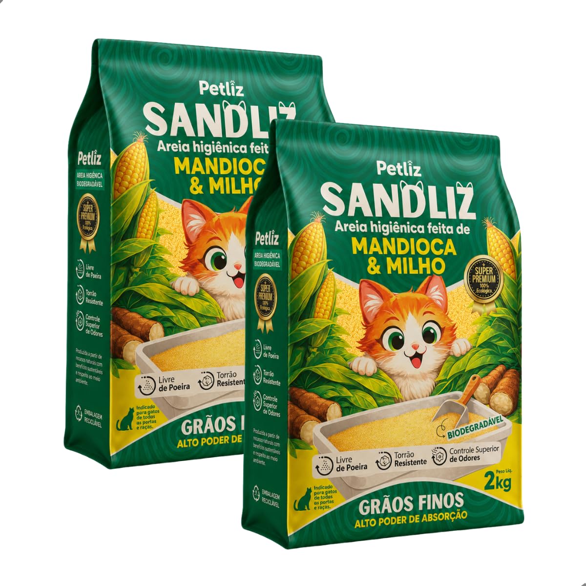Kit 2 Areia Sanitária Higiênica Natural Premium Fina de Milho e Mandioca Gatos Sandliz