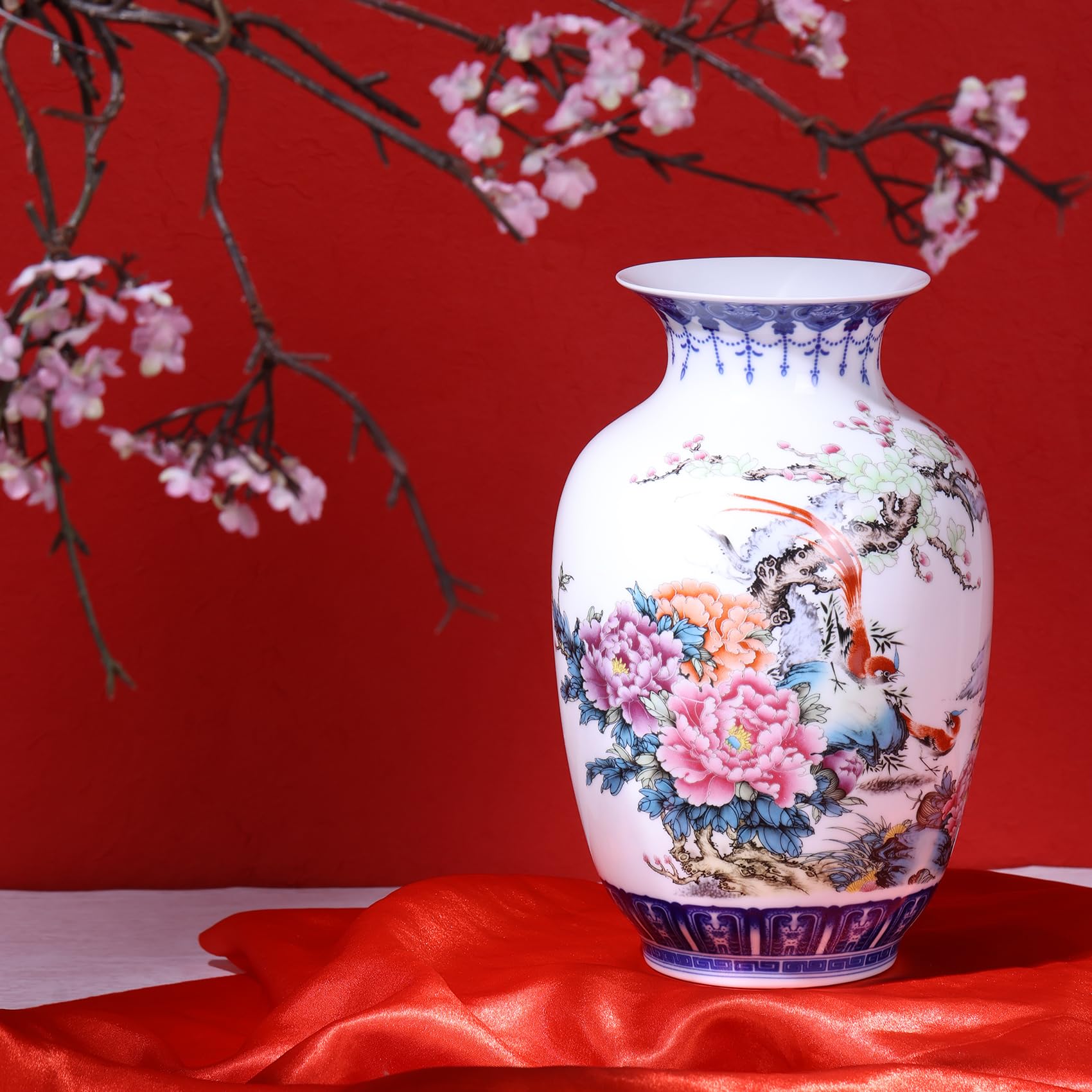 Handgefertigte blaue und weiße Porzellanvasen mit dünnem Körper, traditionelle, chinesische Chinoiserie, dünnwandig, Wintermelone, breite Öffnung, perfekt für Heimdekoration, Schreibtisch und
