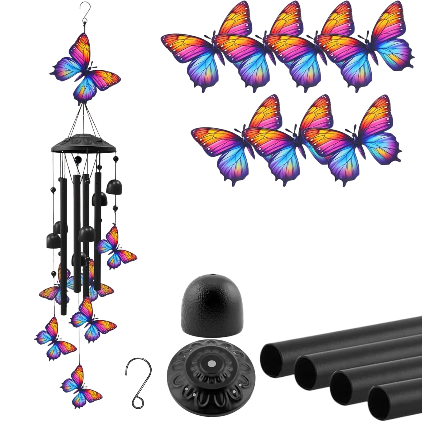 Vintage Colorful Hummingbird Wind Chimes for Outside, Metal Wind Chime with 7 Hummingbirds, 4 Aluminum Tubes, Garden Decor for Patio Porch Yard (#C)