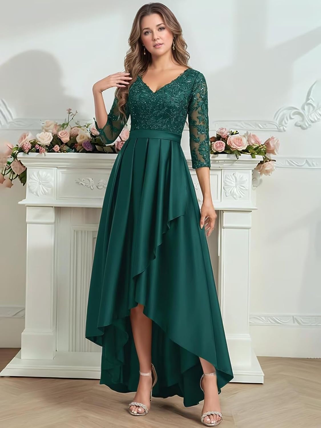 A Line Flowy Mother of The Bride Dresses for Women Lace 3/4 Sleeve V Neck Ruffle Satin Wedding Guest Dresses