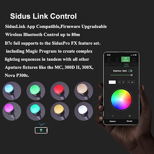 Miniatura 5 de Aputure Accent B7C - Bombillas LED inteligentes 7W RGBWW, TLCI 96+ CRI 95+ 2,000K-10,000K ajustable 0-100% atenuación continua CCT/HSI/FX Modo App