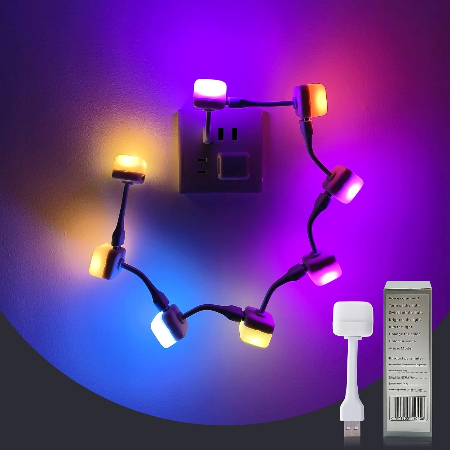 Masshomi 4 Pack DIY Shape USB LED Night Light Voice Control RGB 7 Color