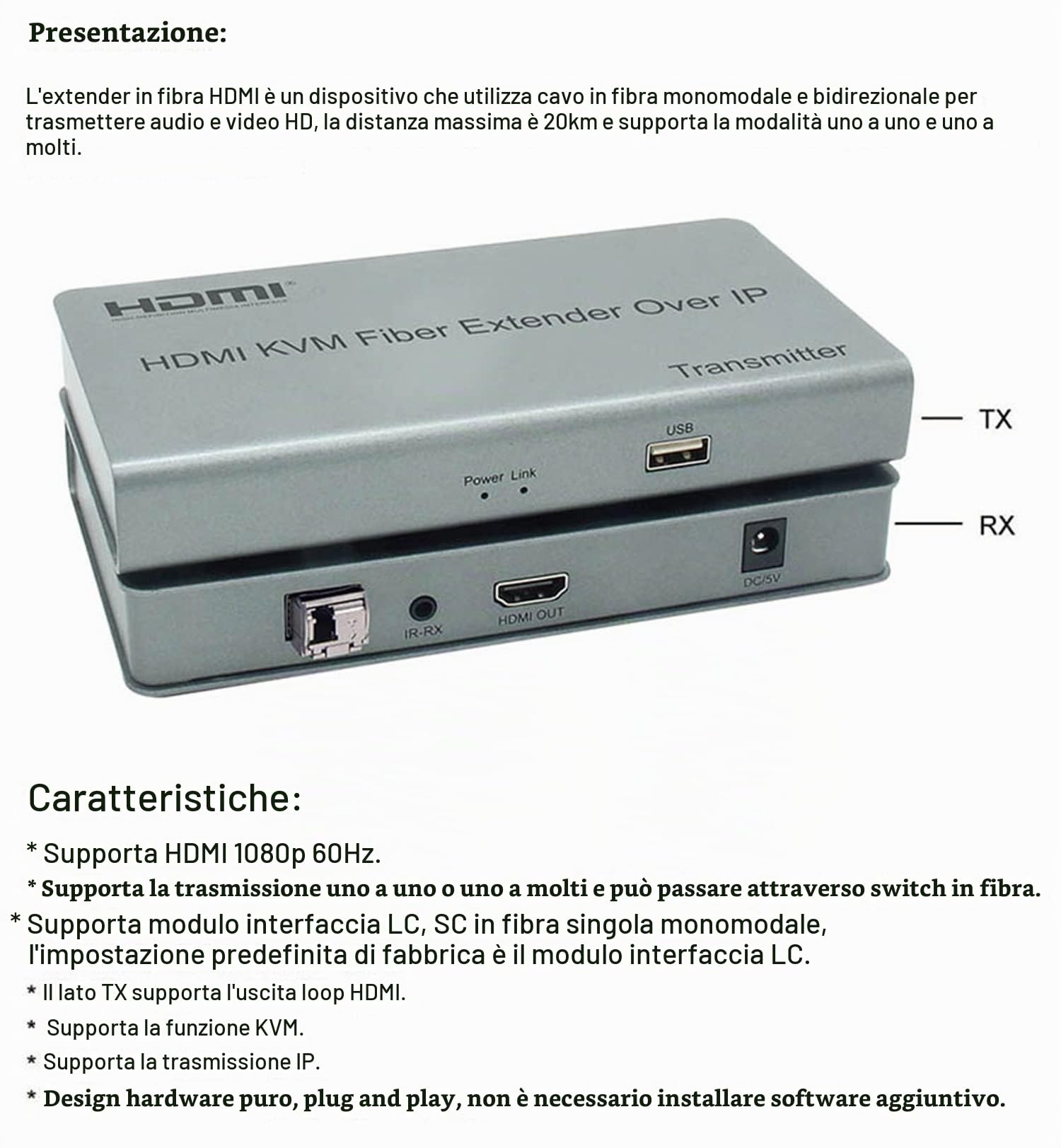 Estensione fibra ottica HDMI KVM su IP, estensione dell'interruttore in fibra ottica HDMI KVM 20 km su IP Cavo fibra LC SC USB 2.0 KVM condivisione tastiera mouse interruttore per monitor PS4 (TX+RX)