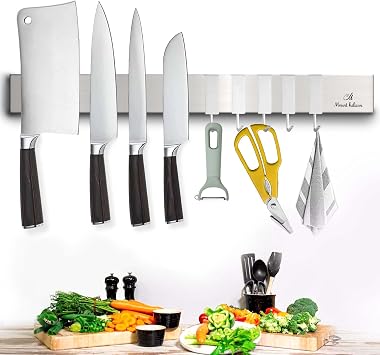 16 Inch Heavy Duty Kitchen Knife Magnetic Strip with Additional 5 Hooks-Multipurpose Stainless Steel Magnetic Tools, Knife Holder-Strong Magnetic Knife Holders for Wall No Drill required Silver