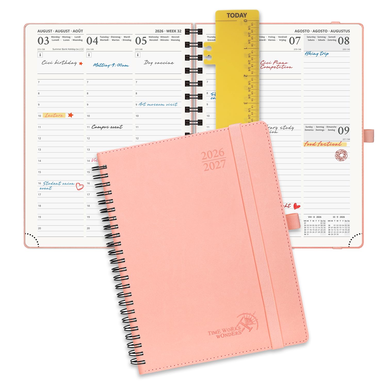 POPRUN A5 Academic Diary 2026-2027 Week to View (22x16.5 cm) Soft Cover Spiral 17 Months (Aug'26 - Dec'27) Mid Year 26/27 Vertical Weekly Planner(Pink)