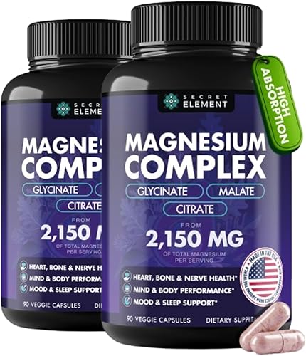 Magnesium Complex 2,150MG, High Absorption Capsules with Magnesium Glycinate, Citrate & Malate, Plus Vitamin B6, B2, Folate & Beet Root, Vegan,