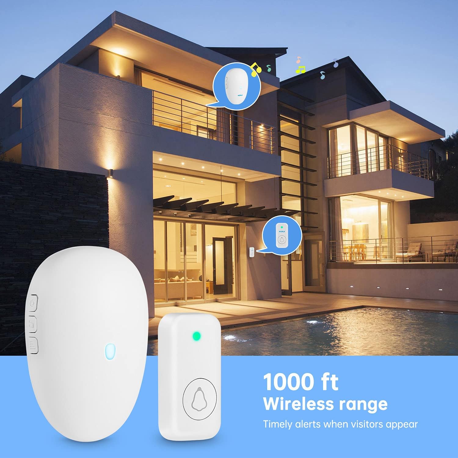 TOWODE Wireless Doorbell Chime Kit,Waterproof Wall Plug-in Cordless Door Chime Kit with 4 Volume Levels 57 Melodies 1000 Feet Range & LED Flash,Doorbell Chime for Home Office White - - 