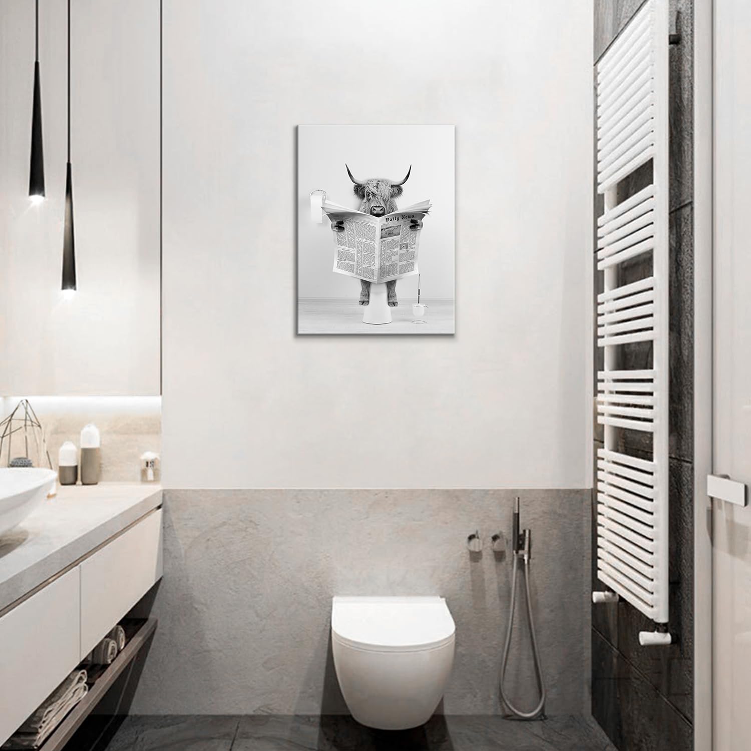Dazzlewall Framed Funny Highland Cow Wall Art Decor, Black and White Cow Wall Picture for Bathroom Toilet Decor 12x16 in - Image 3