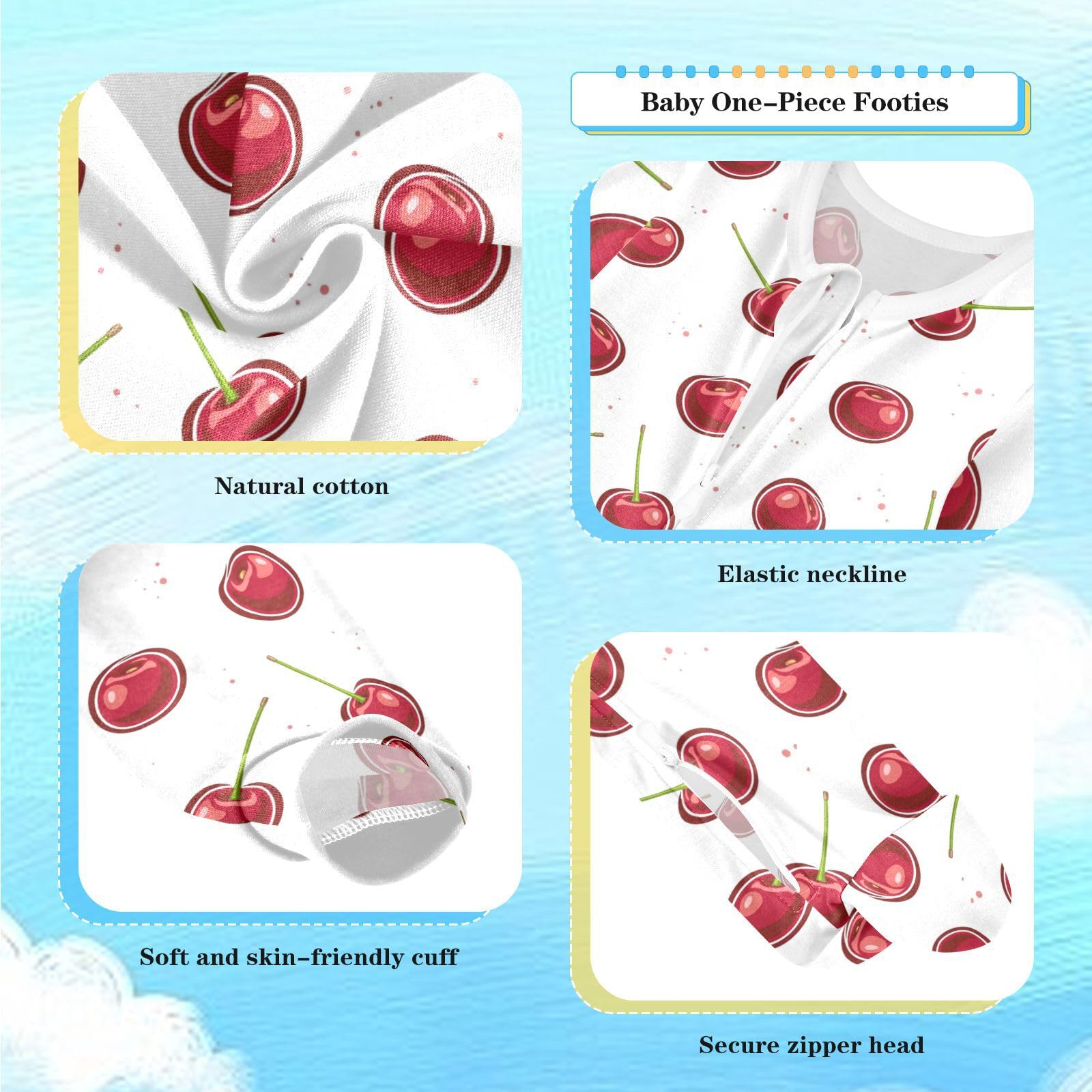 Dussdil Cherry Red Fruits Baby One-Piece Footies Newborn Rompers Pajamas Cotton Footed Pjs for Sleep Play Boys Girls 18M