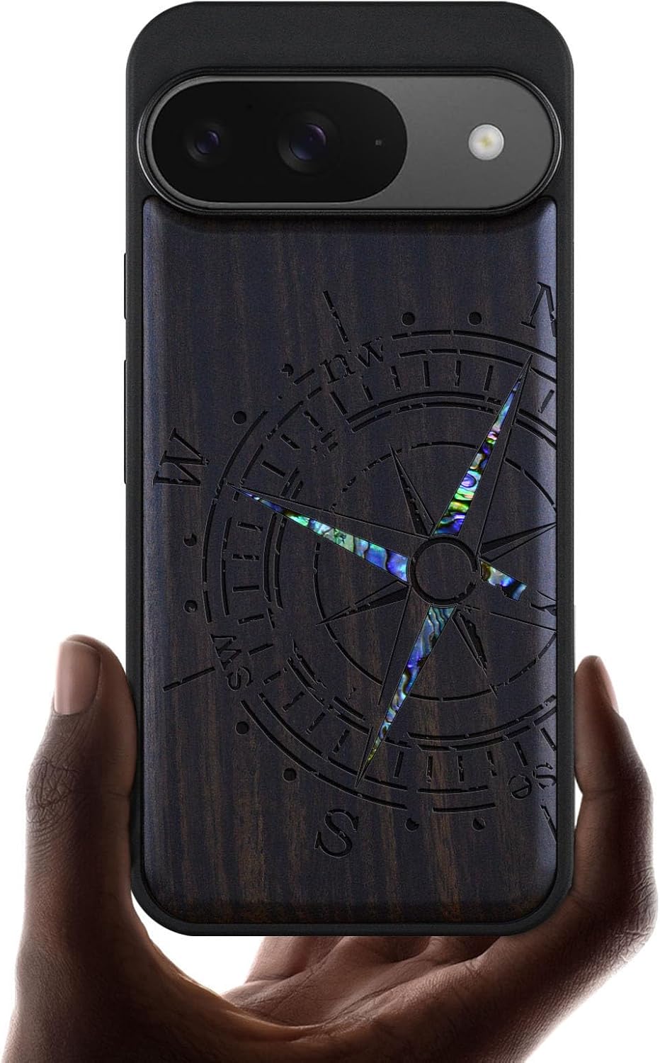 Carveit Magnetic Wooden Case for Google Pixel 9 Case, Wood Artisan Engraved & Handmade Shell Inlaid, Compatible with MagSafe Wireless Chargers, Incomplete Compass - Blackwood