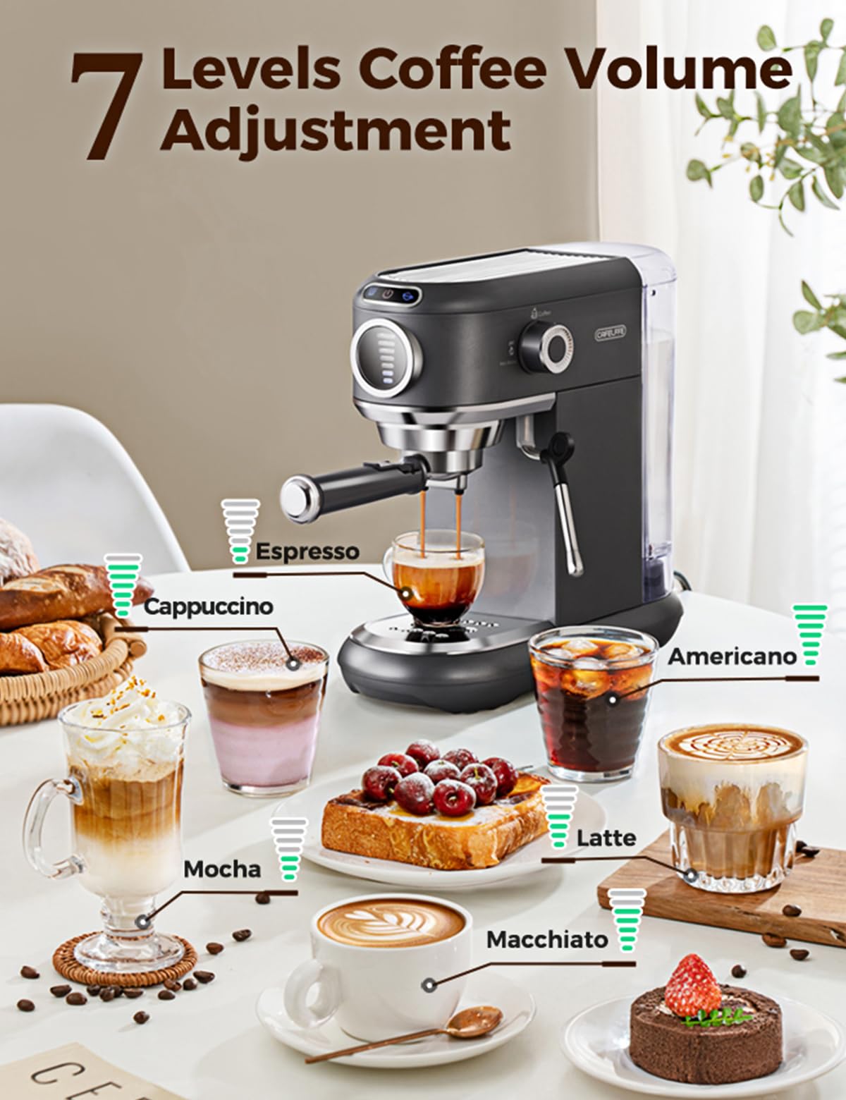 CAFELFFE Macchina per caffè espresso con montalatte, macchina per caffè caldo e freddo, per capsule Nes* e DG*, cuscinetti ESE e fondi per caffè, 7 livelli di selezione del quantitativo di caffè