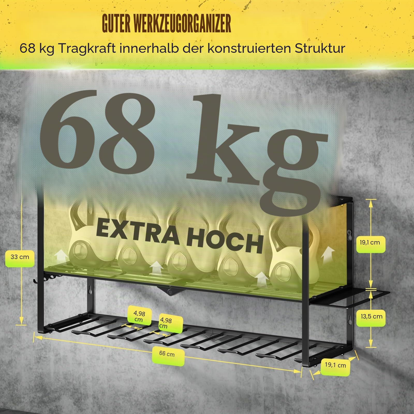 Wandhalterung für Elektrowerkzeuge 3-Etagen-Werkzeugorganizer 7 Bohrerschächte Tragkraft 68 kg Stabile Eisen-Aufbewahrung