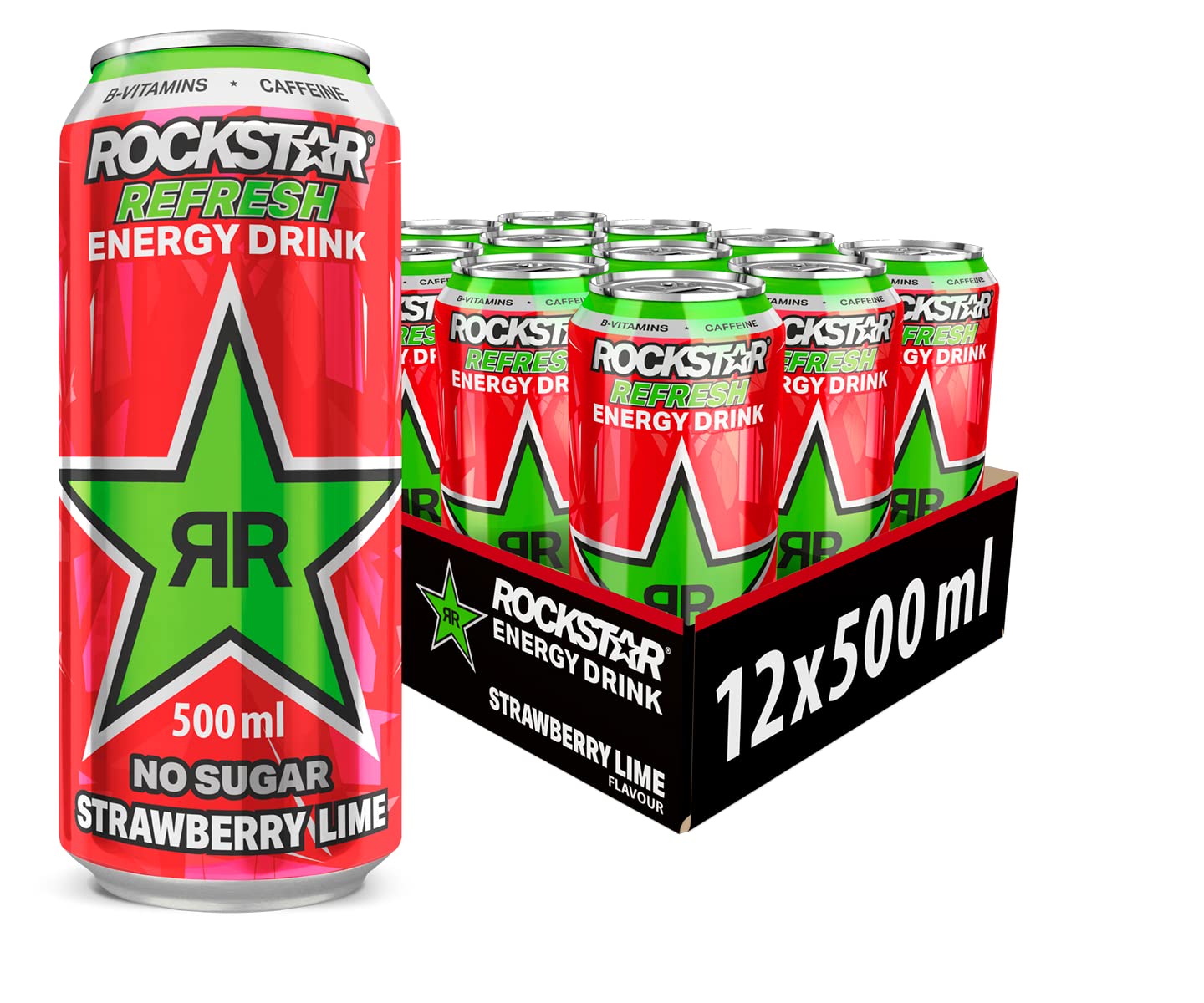 Rockstar strawberry Lime Bebida energética con cafeína y cero azúcar con sabor a limón y fresa, pack de 12 latas de 500 ml, 6 litros en total