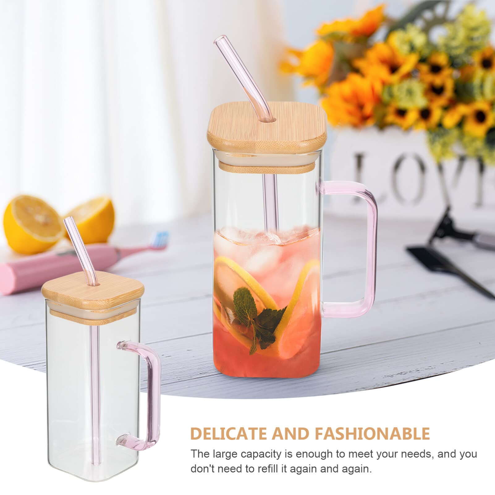 Luxshiny Tazas rectangulares de vidrio con pajilla con tapas, vasos cuadrados con asa, tapa de bambú, vasos de café helado transparentes para el hogar, accesorios de cocina, botella de agua rosa