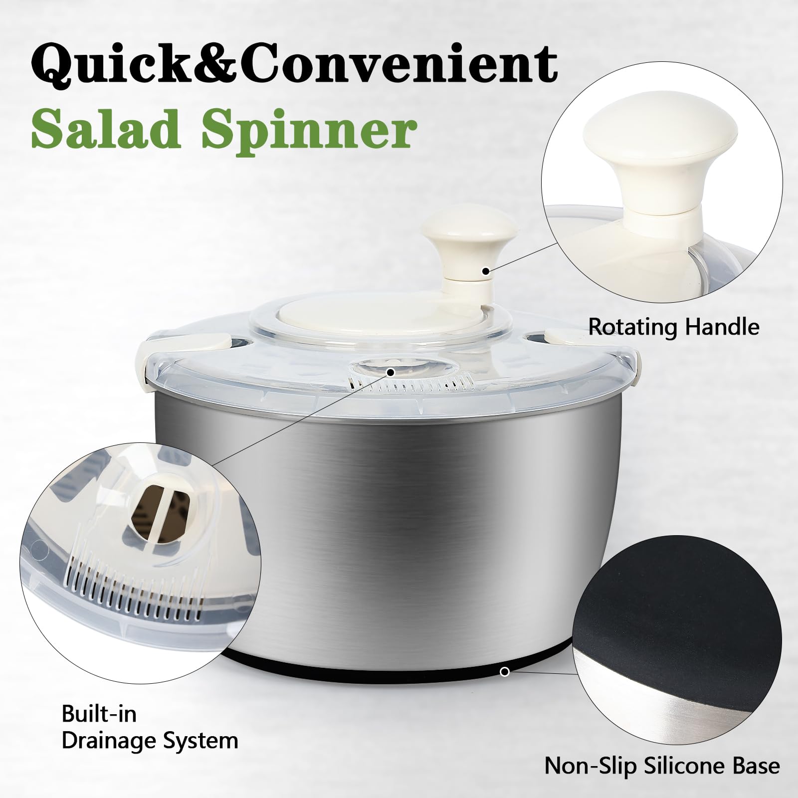Centrifugador de ensalada de acero inoxidable, giratorio de verduras de 5 cuartos de galón, giro rápido para secar verduras, cuenco de ensalada de acero inoxidable, imprescindible para tu