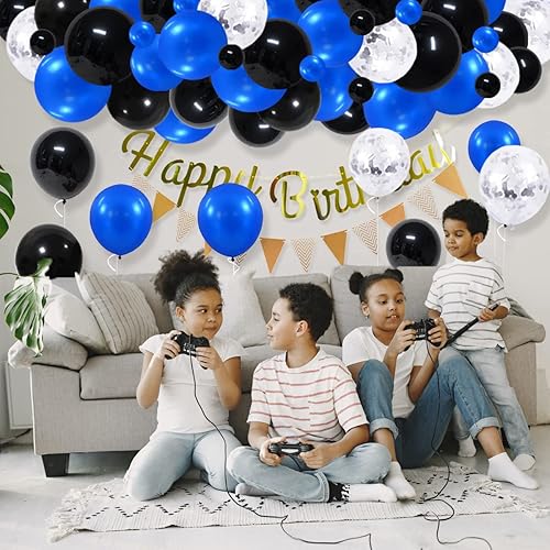 Miniatura 6 de Kit de guirnalda de arco de globos azul rey y negro 122 globos de látex de confeti azul negro plateado para fanáticos de los videojuegos de