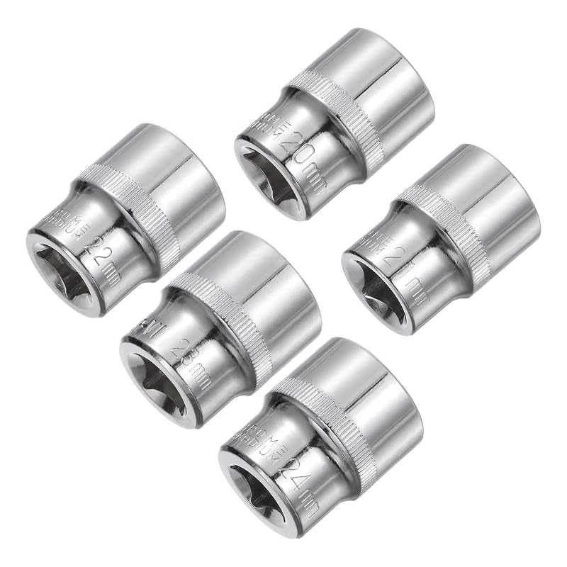 Jogo de Soquetes Sextavados Curtos uxcell em Aço Cromo-Vanádio, Encaixe de 12,7 mm (1/2 pol.), 20 a 24 mm, 6 peças