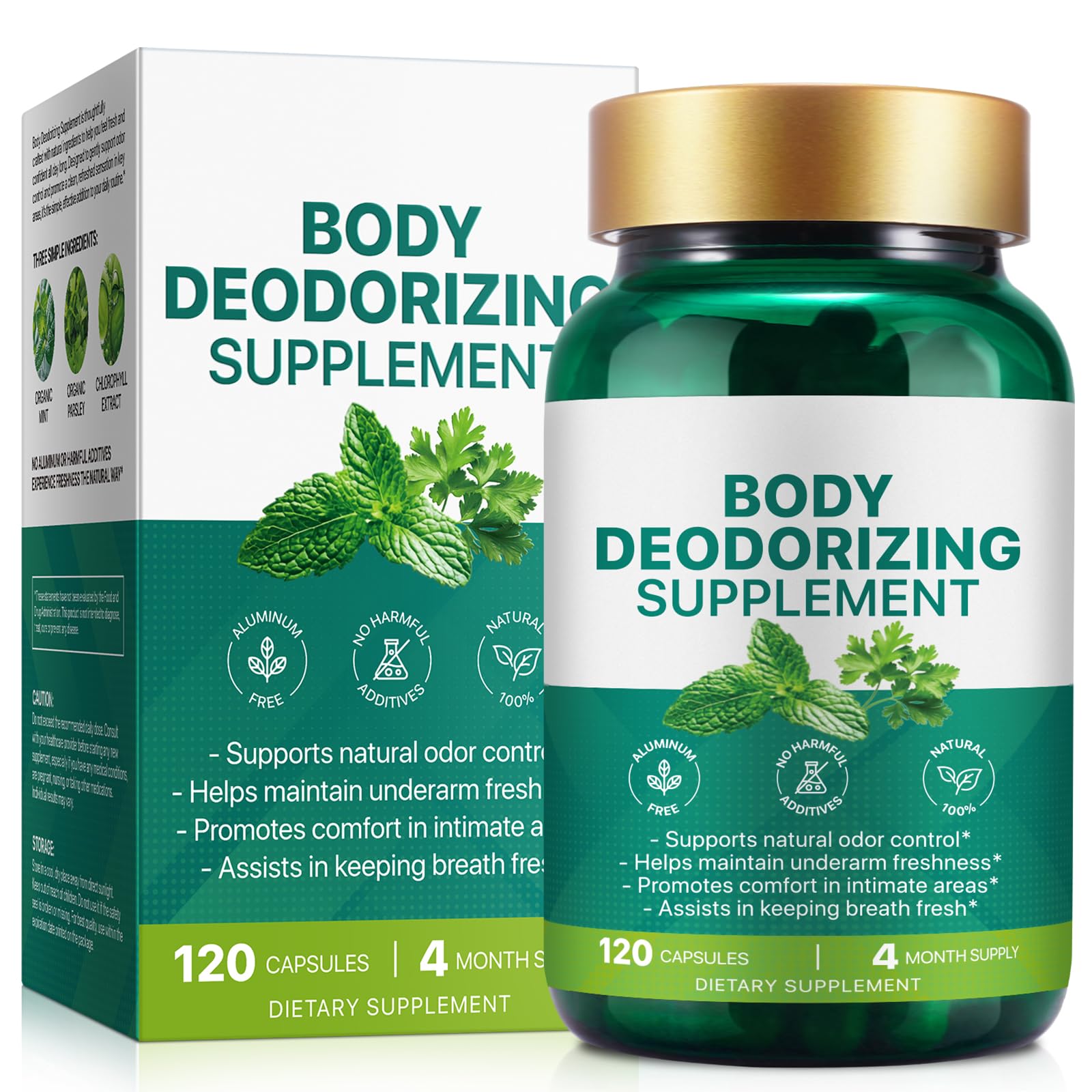 Chlorophyll Body Deodorizing Supplement 120Pcs for Digestion/Gut Health Support, Internal Deodorant Capsules for Overall Freshness, Underarms, Intimate Areas, Private Parts, Natural & Safe Formula|