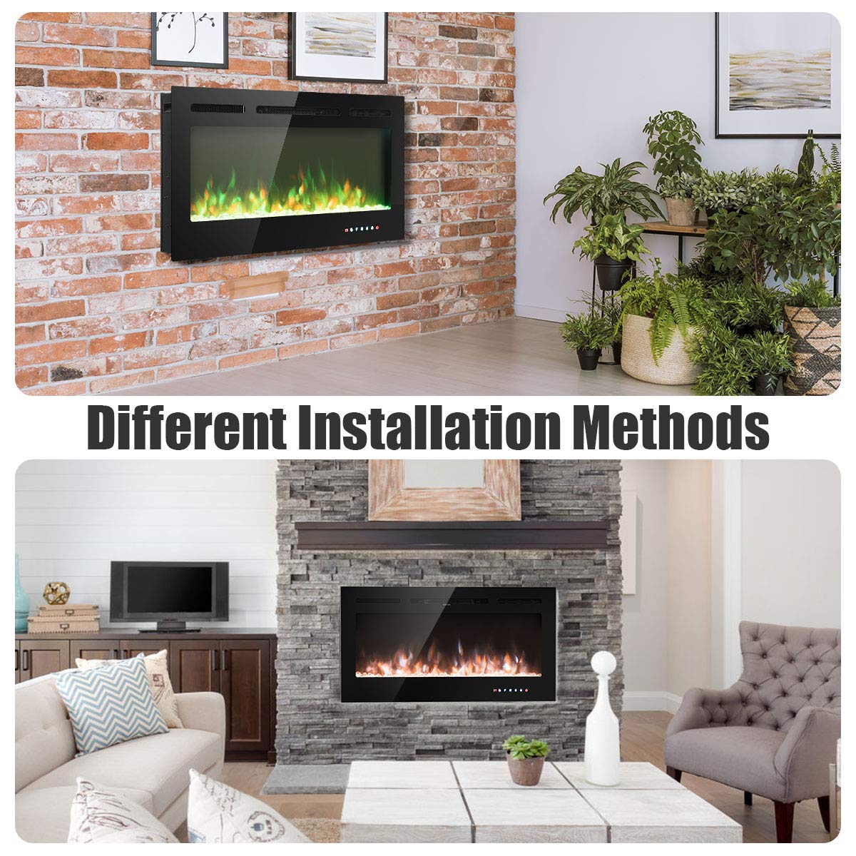Tangkula 40 inches Electric Fireplace Insert with Thermostat, inWall Recessed and Wall Mounted