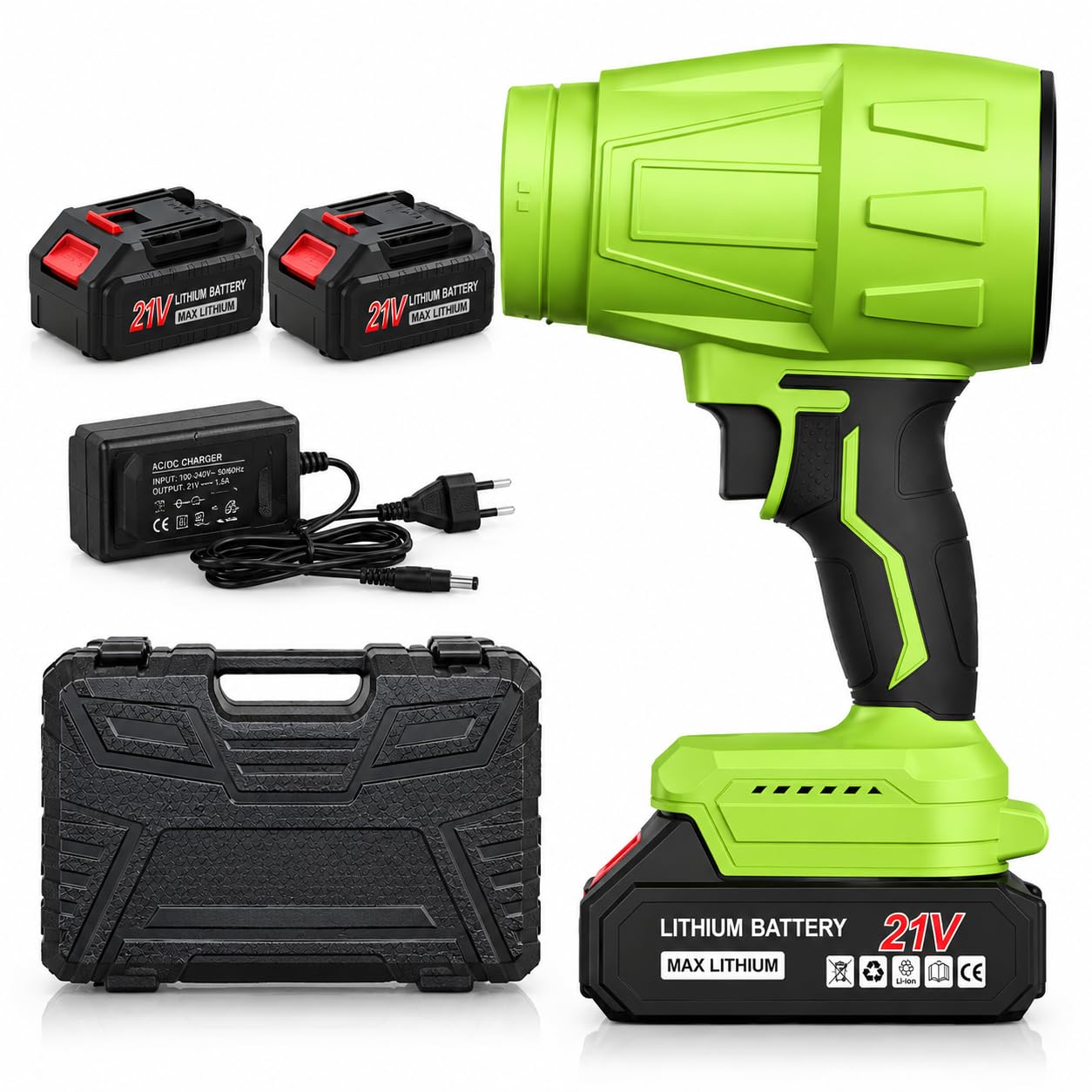 Soffiatore per Foglie a Batteria, Soffiatore Elettrico Senza Fili per Giardino, Auto e Officina, Velocità Regolabile, 21V 300W, 27000 giri/min, 2×6000mAh, Valigetta