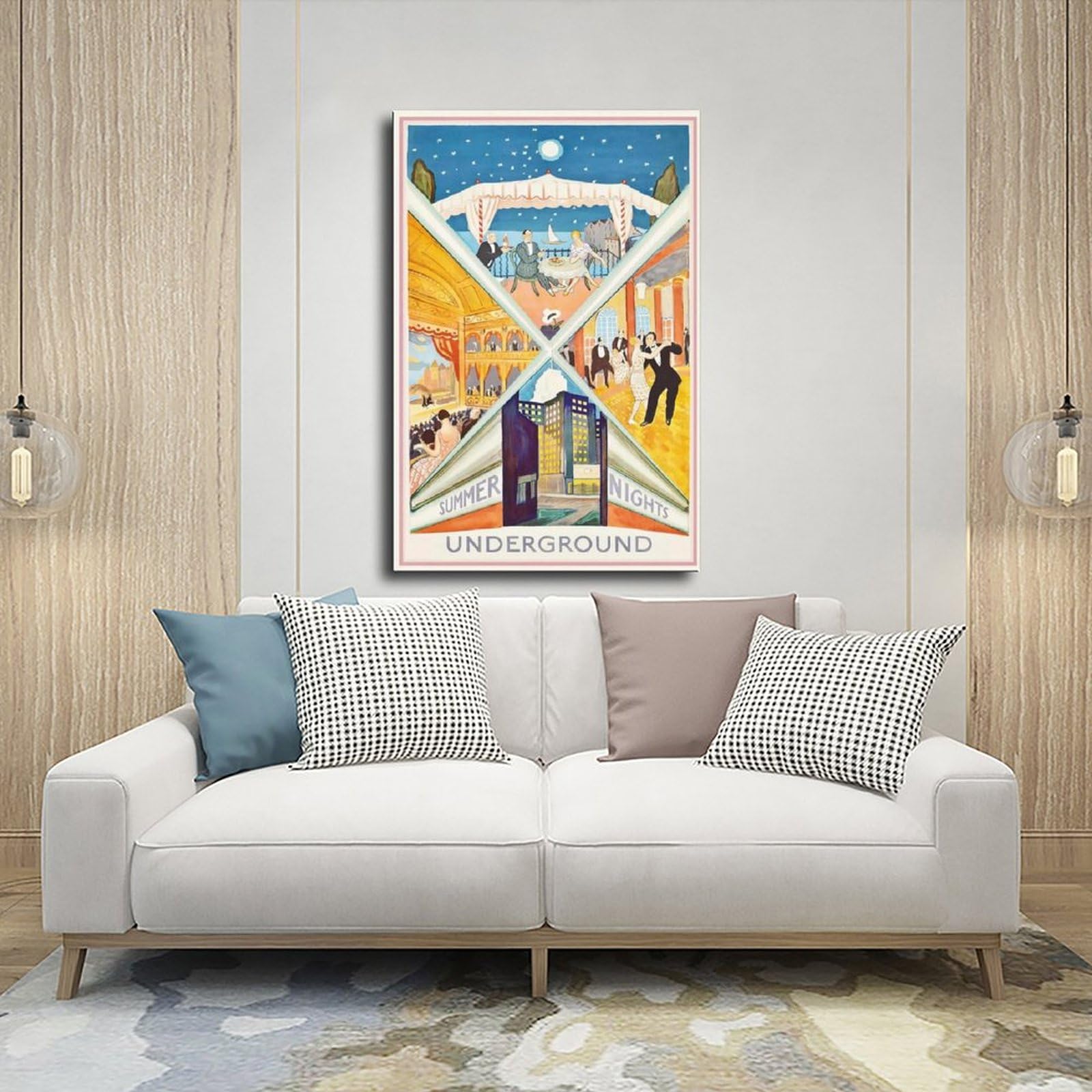 QOGDAF Poster su tela con stampa di Londra Underground Summer Nights, decorazione per camera da letto, ufficio, camera da letto, regalo, 60 x 90 cm