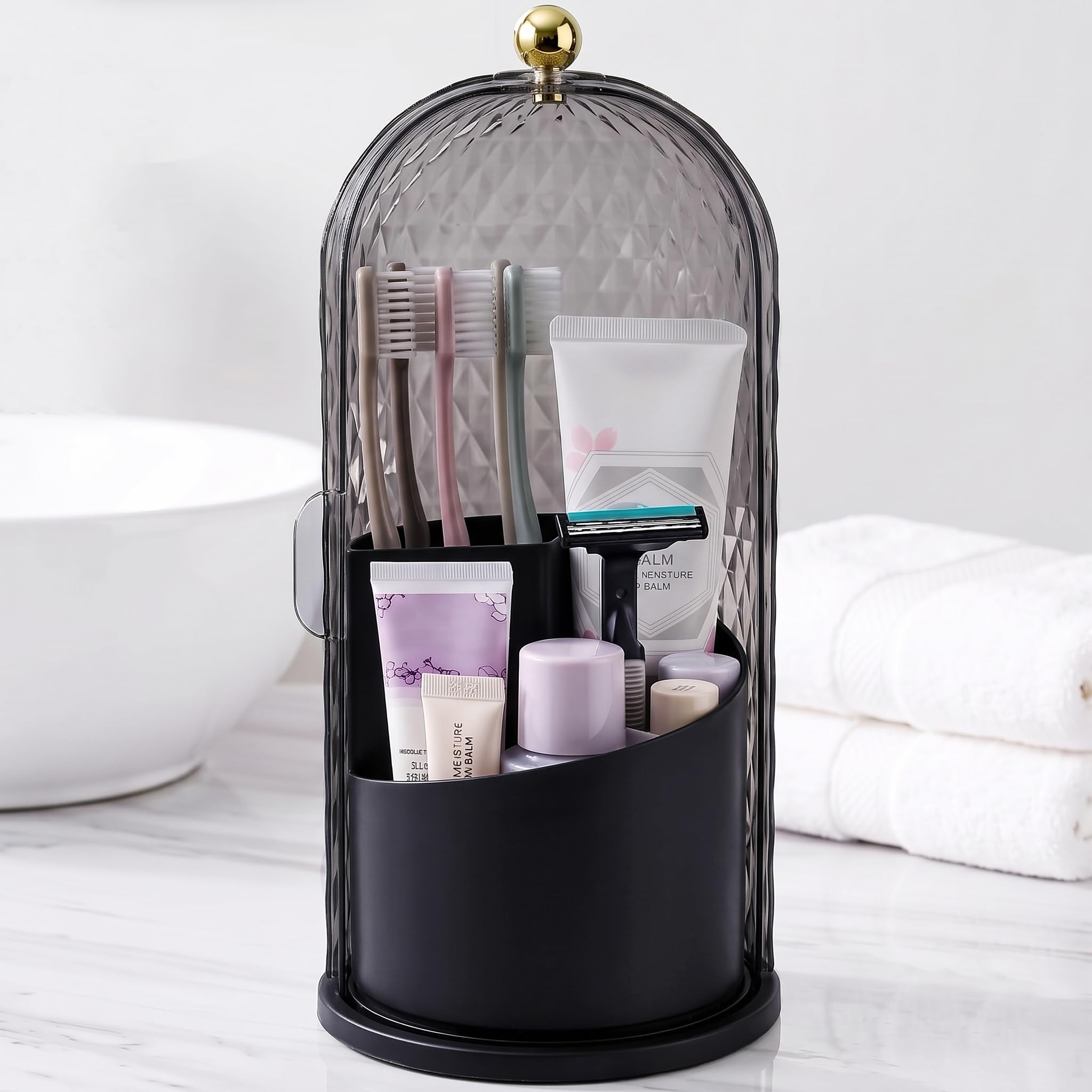 Photo 1 of QIYVLOS Rotating Toothbrush Holder | Black | Sliding Lid