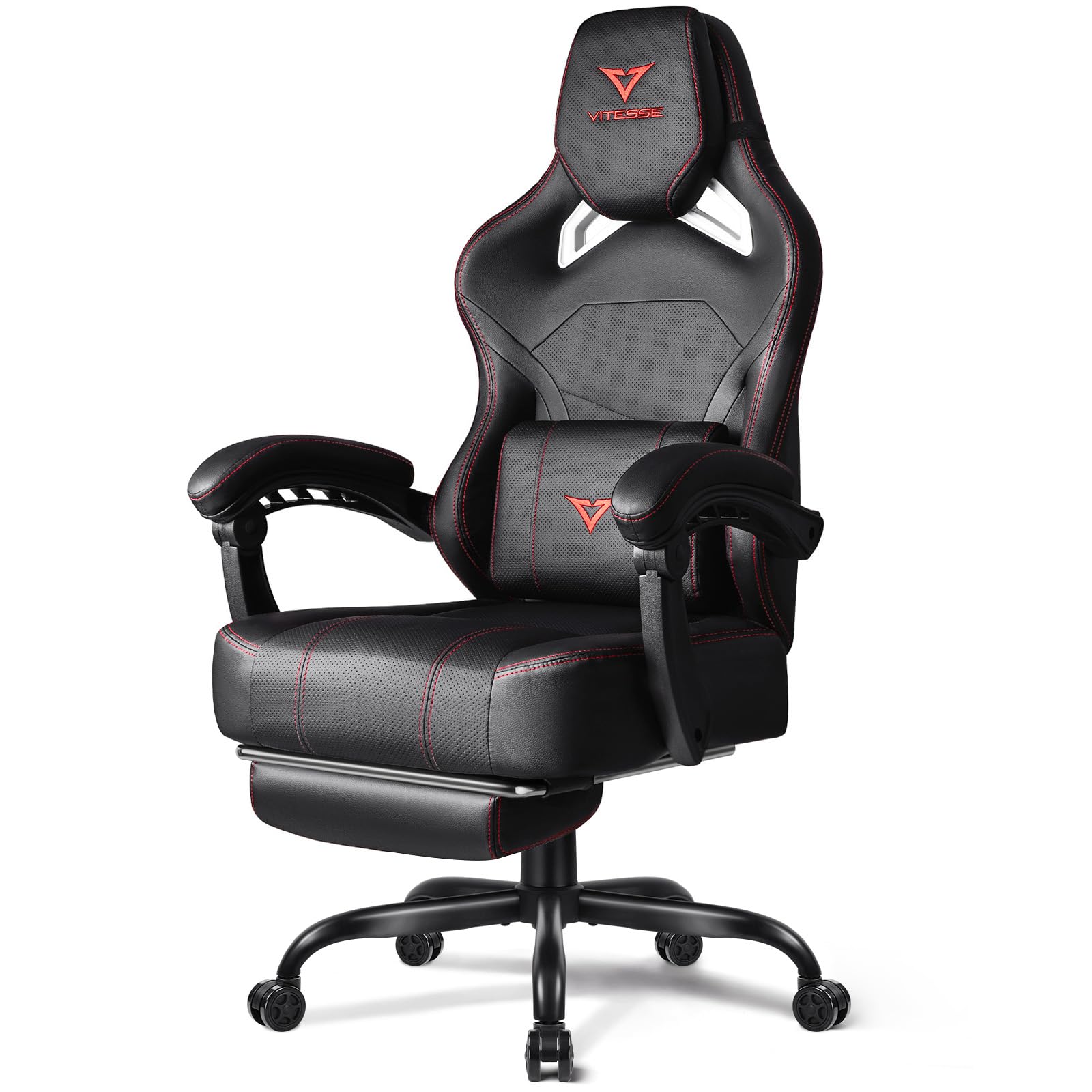 VITESSE Big and Tall Gaming Chair 400lb Weight Capacity with Footrest, Ergonomic Video Game Chair for Adults with Oversized Headrest and Lumbar Pillow, Computer Chair Gaming for Office (Black+Red)