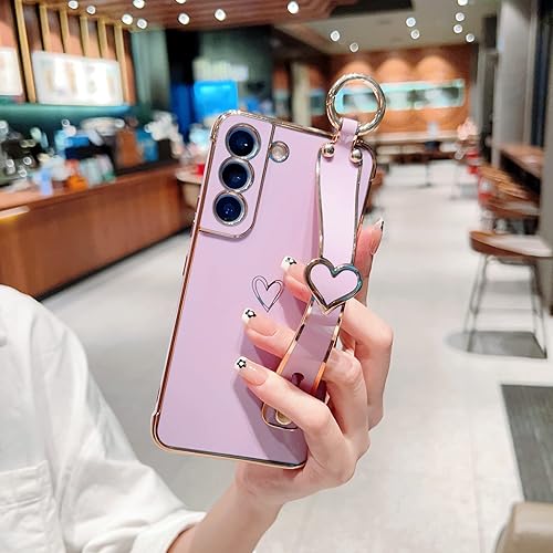 Vista 202 de ZTOFERA Funda para Samsung Galaxy S22 Plus 5G con correa para la muñeca, bonito borde chapado de lujo, patrón de corazones de amor para niñas y Azul