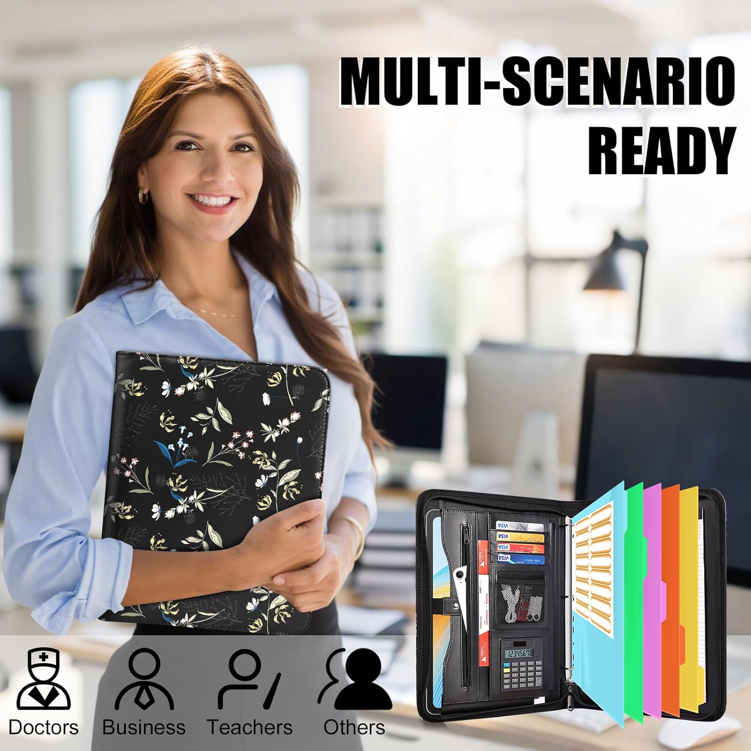 Eshow Portfolio Organizer - 3 Ring Binder with Zipper, Vegan Leather Business Padfolio Folder with Notepad Includes 5 Color Sheet Protectors for Documents Files for Men Women - Image 7