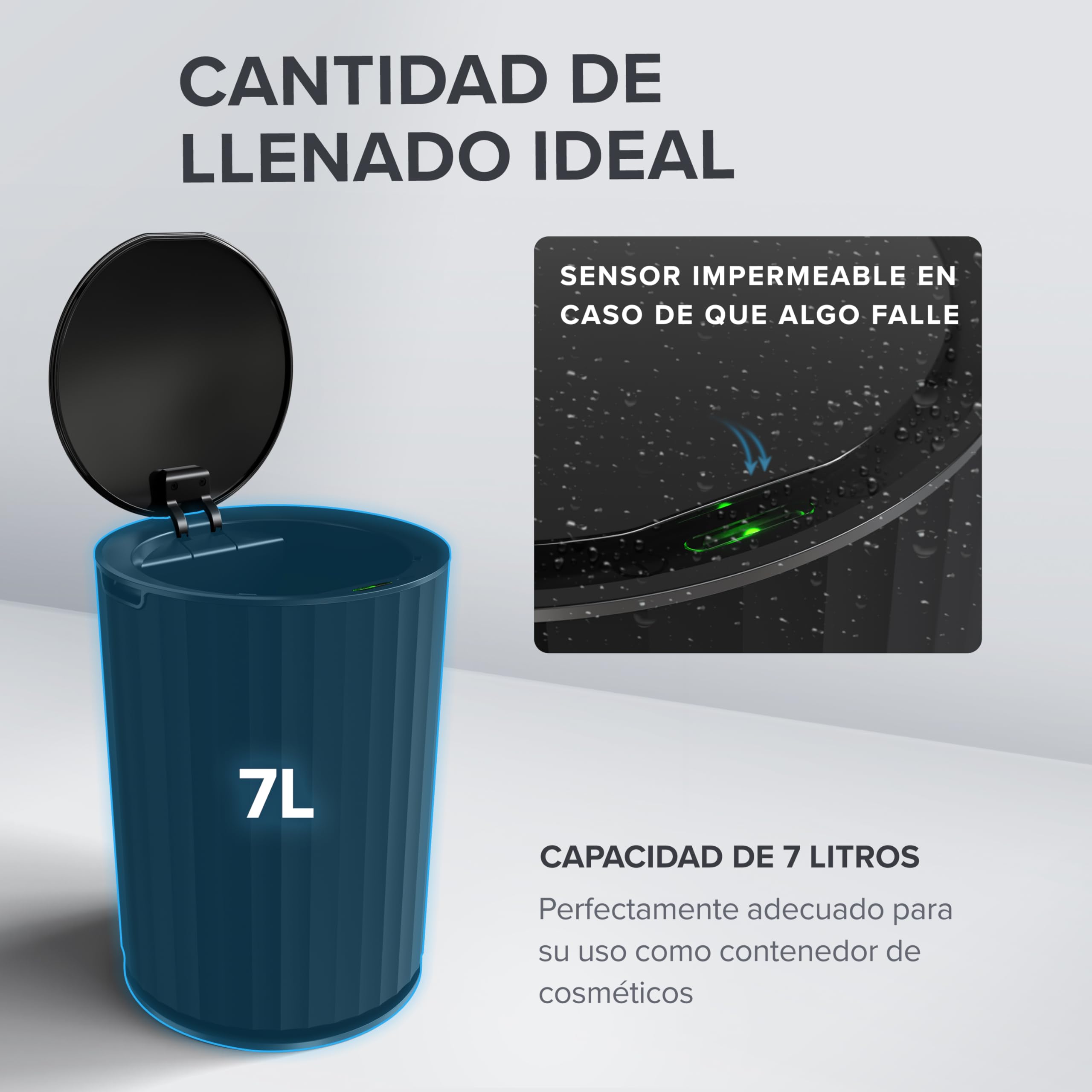 ovimar cubo de baño con sensor Senja | negro | cubo de basura con sensor | cubo de cosmética redondo | cubo con tapa | 7l (litros) | también como cubo de pañales | para el baño o la cocina