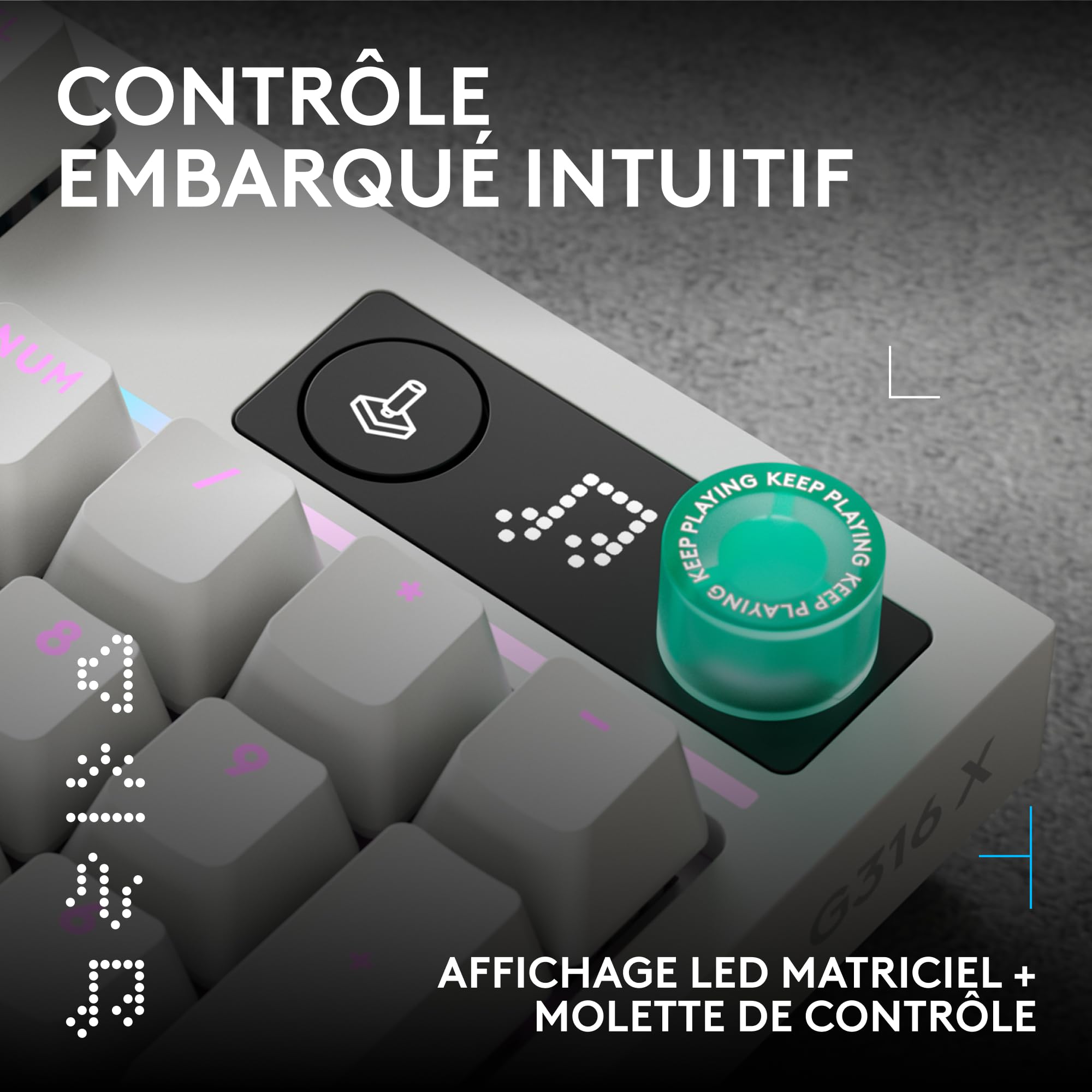 Logitech G G316 X 98, Clavier Gaming, 8 kHz, switchs tactiles Hot-Swap, Structure à Joint, Affichage LED matriciel & molette, Touches PBT Double Couche, USB-C, RVB LIGHTSYNC, PC, FRA AZERTY - Blanc