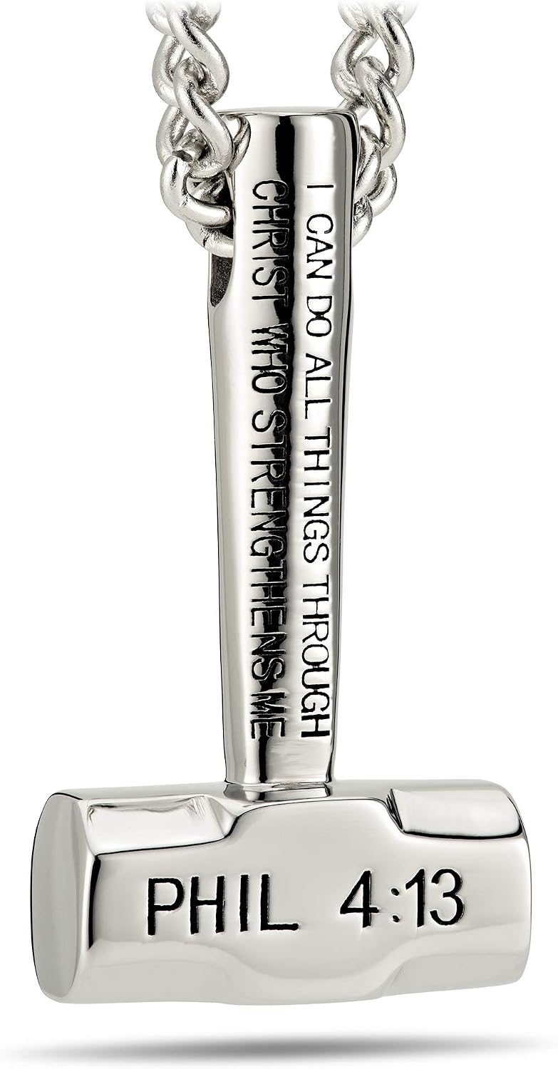 Shields of Strength Men's Stainless Steel Sledgehammer Pendant Necklace - Philippians 4:13