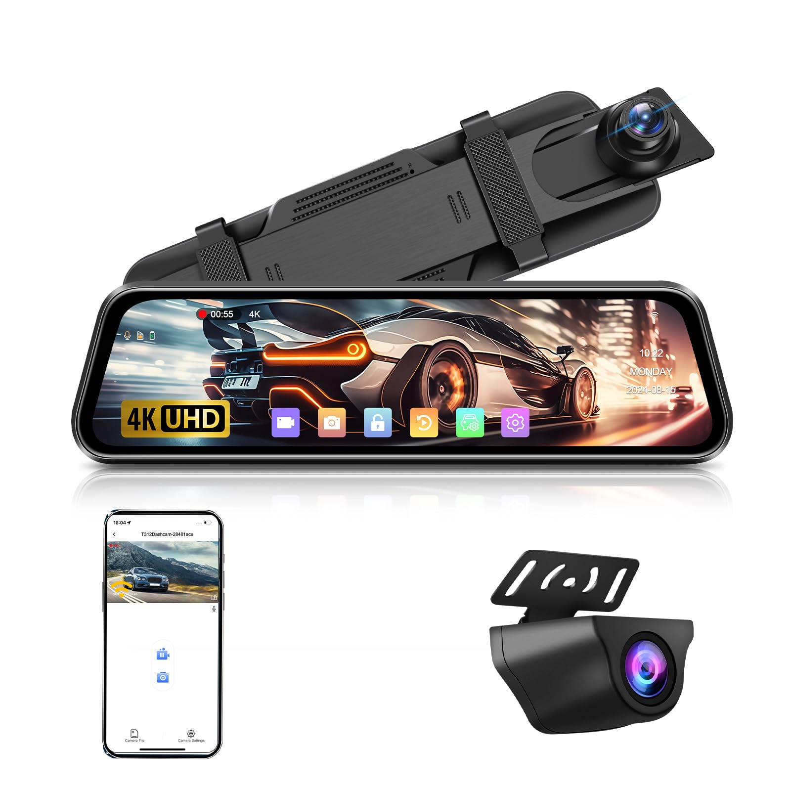 4K Retrovisor con Camara【WiFi】 10'' Pantalla Táctil IPS Espejo Retrovisor con Camara Retrovisor Coche con Camara Asistencia al Aparcamiento WDR Visión Nocturna Puerto Tipo C G-Sensor
