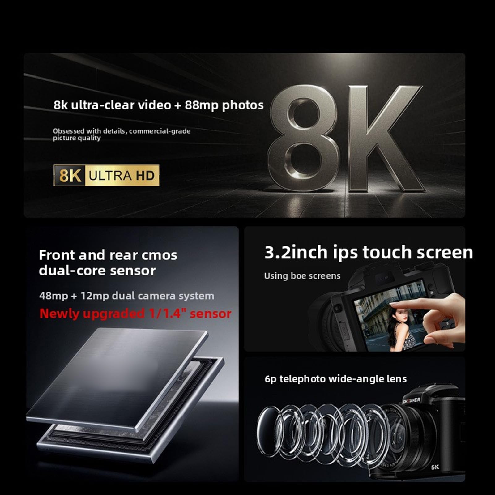 Topiky Cámaras Digitales 8K para Fotografía, Enfoque Automático 88MP WiFi Cámara Profesional con Zoom 16X de Doble Lente Cámara Web Selfie CAM con Pantalla Táctil de 3,2 Pulgadas Flash