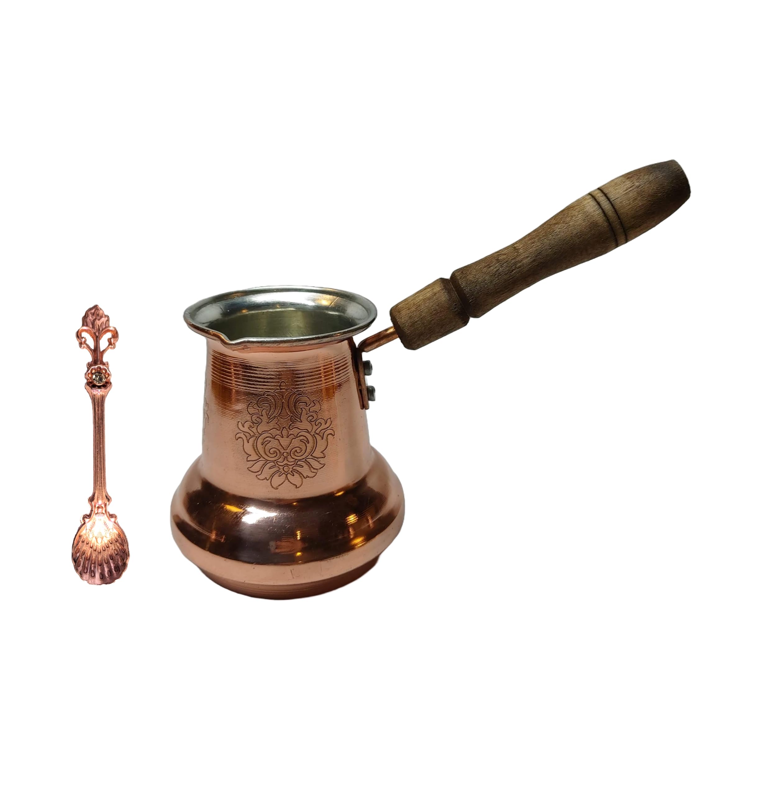LEO Design Caffettiera turca in 5 misure, piano cottura greco arabo, spesso 3 mm, in rame massiccio martellato e inciso a mano, con manico in legno/ottone (manico in legno, 350 ml)