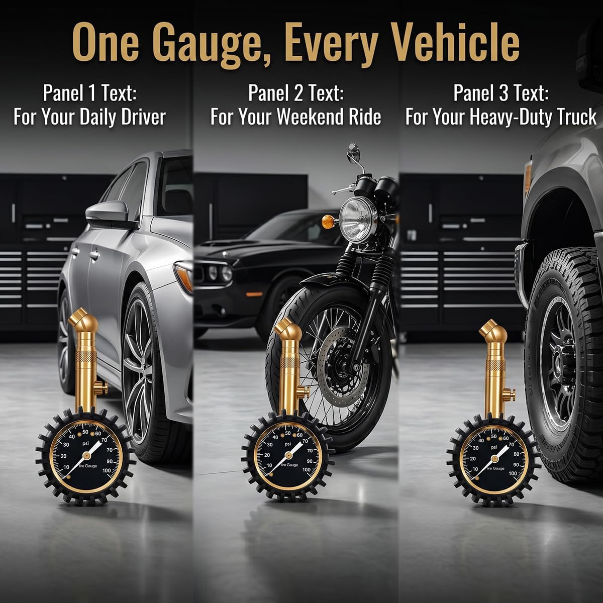 Car Tire Pressure Gauge, 0-100 PSI Easy-Read Vehicle Tire Air Pressure Gauge, Accurate Automotive Tirepressure Accessories with Large Dial, Universal Fit (Golden)