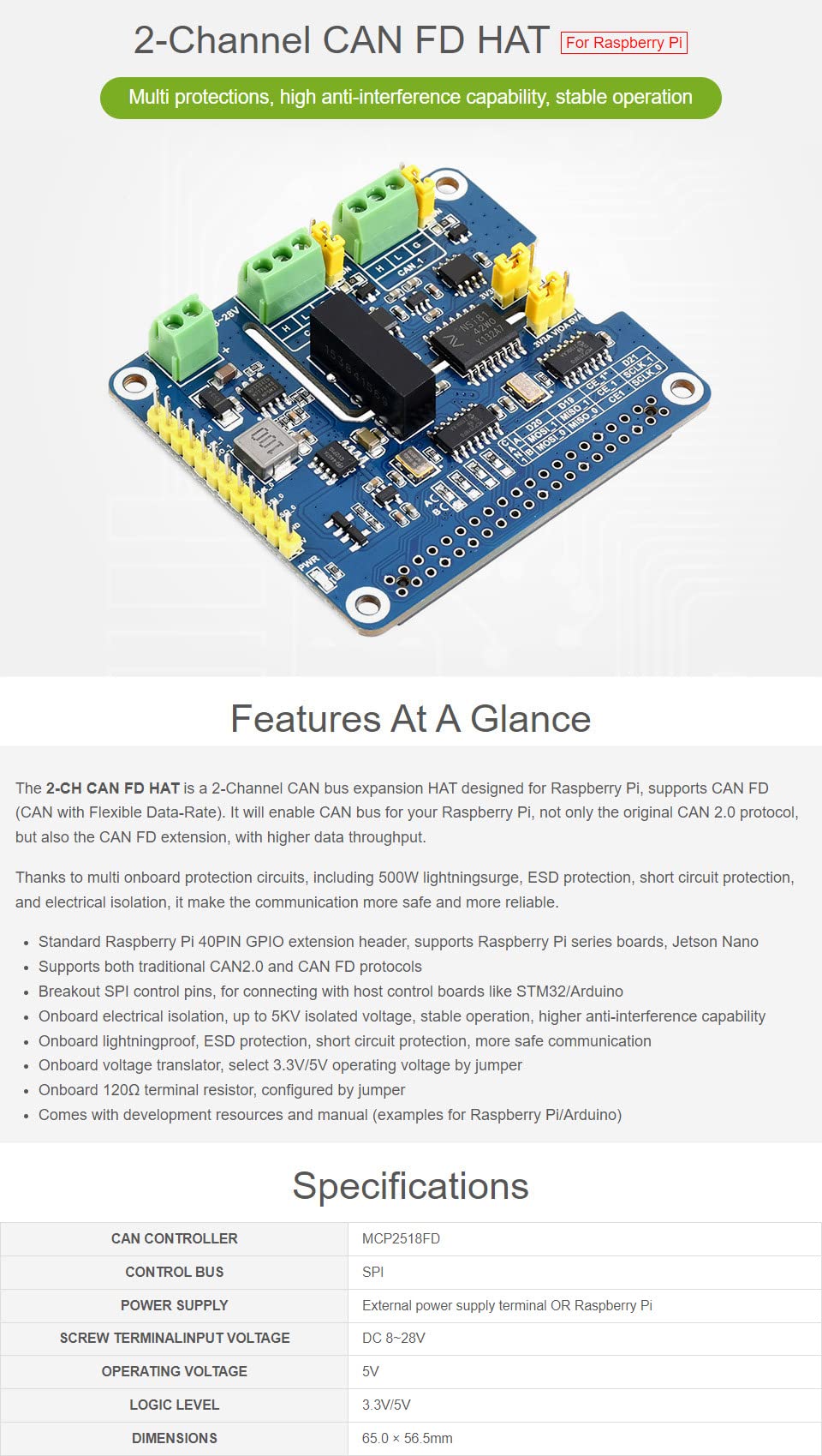 Waveshare 2 Channel Can FD Expansion Hat for Raspberry Pi Supports Can with Flexible Data Rate Multi Onboard Protection Circuits