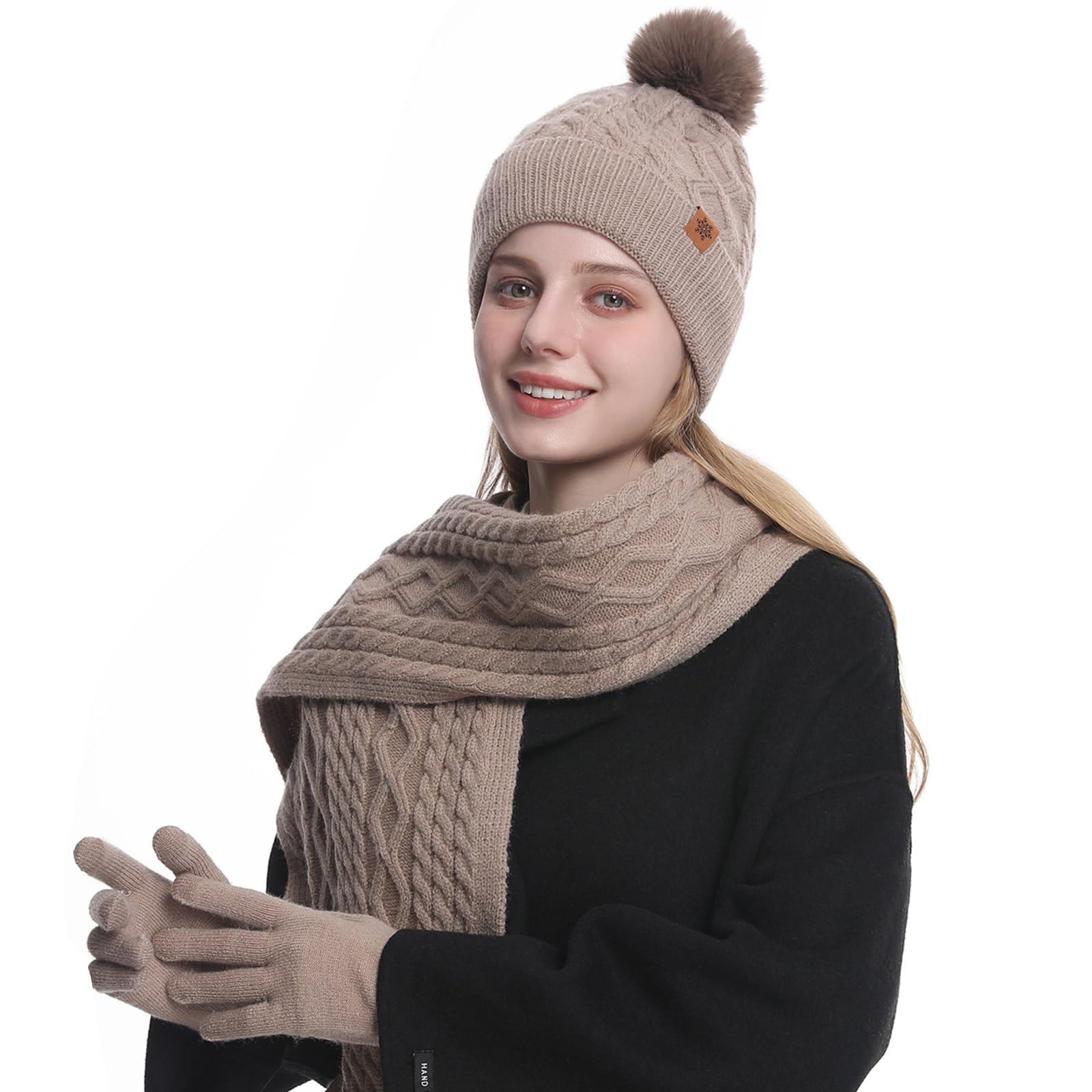 MAZELIKEHOOD Set Sciarpa Cappello Guanti Donna Inverno Caldo Cappello di Bobble con Sciarpa a Maglia e Guanti Tessuto Morbido e Comodo Moda Accessori Invernale Ideale per Regalo di Natale