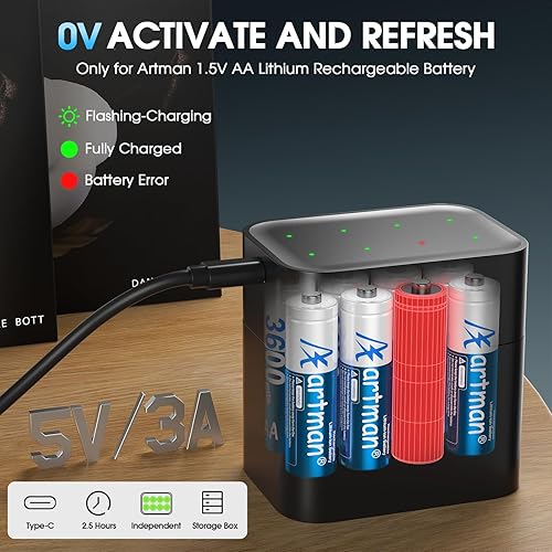 Miniatura 5 de Artman - Paquete de 8 baterías recargables AA de litio de 3600 mWh con cargador rápido, baterías de litio AA para cámara Blink al aire libre, salida