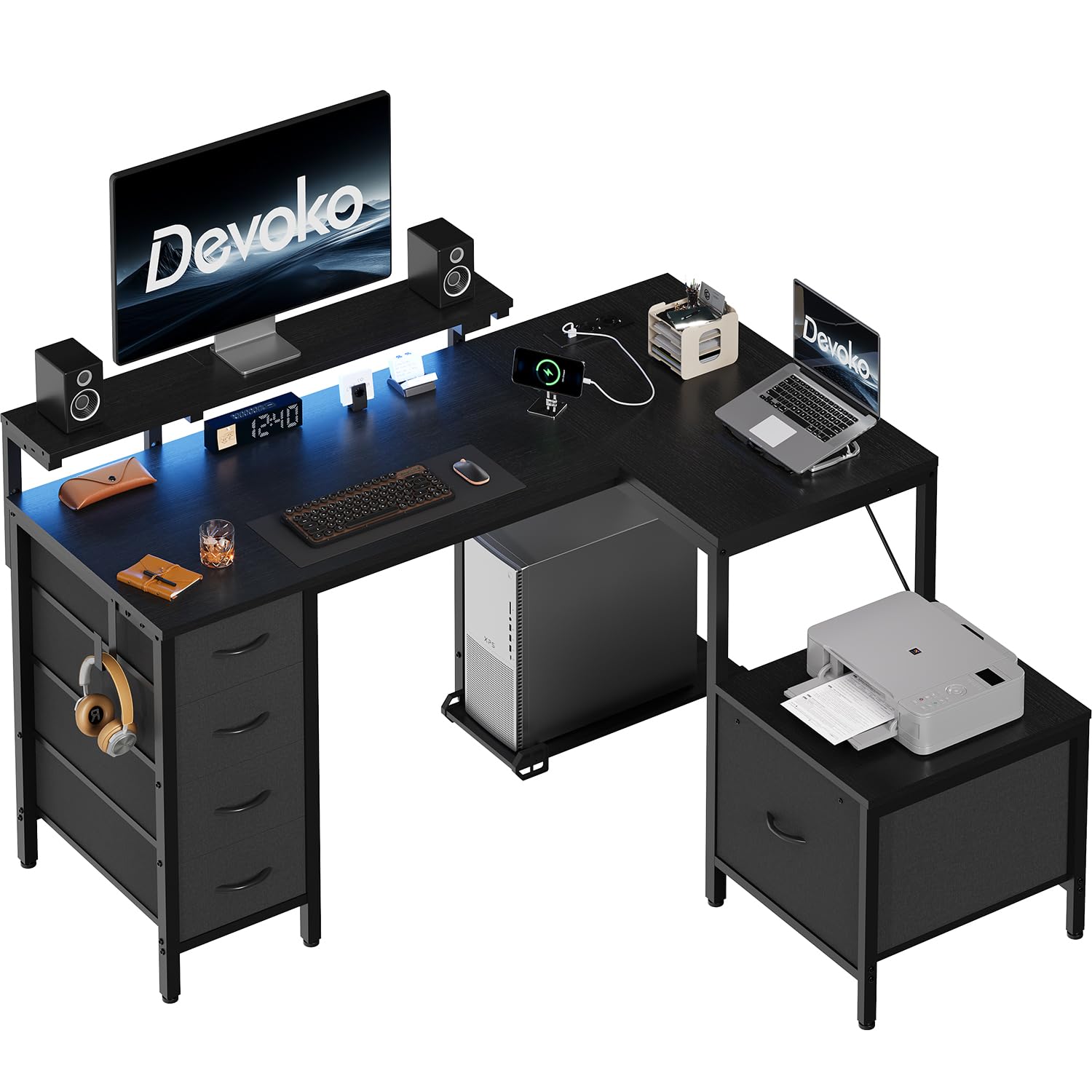 Devoko Scrivania Gaming Angolare 139x120 cm LED/Prese Nero | Tavolo gaming con 3 cassetti in tessuto e supporto monitor, Ideale per casa e ufficio