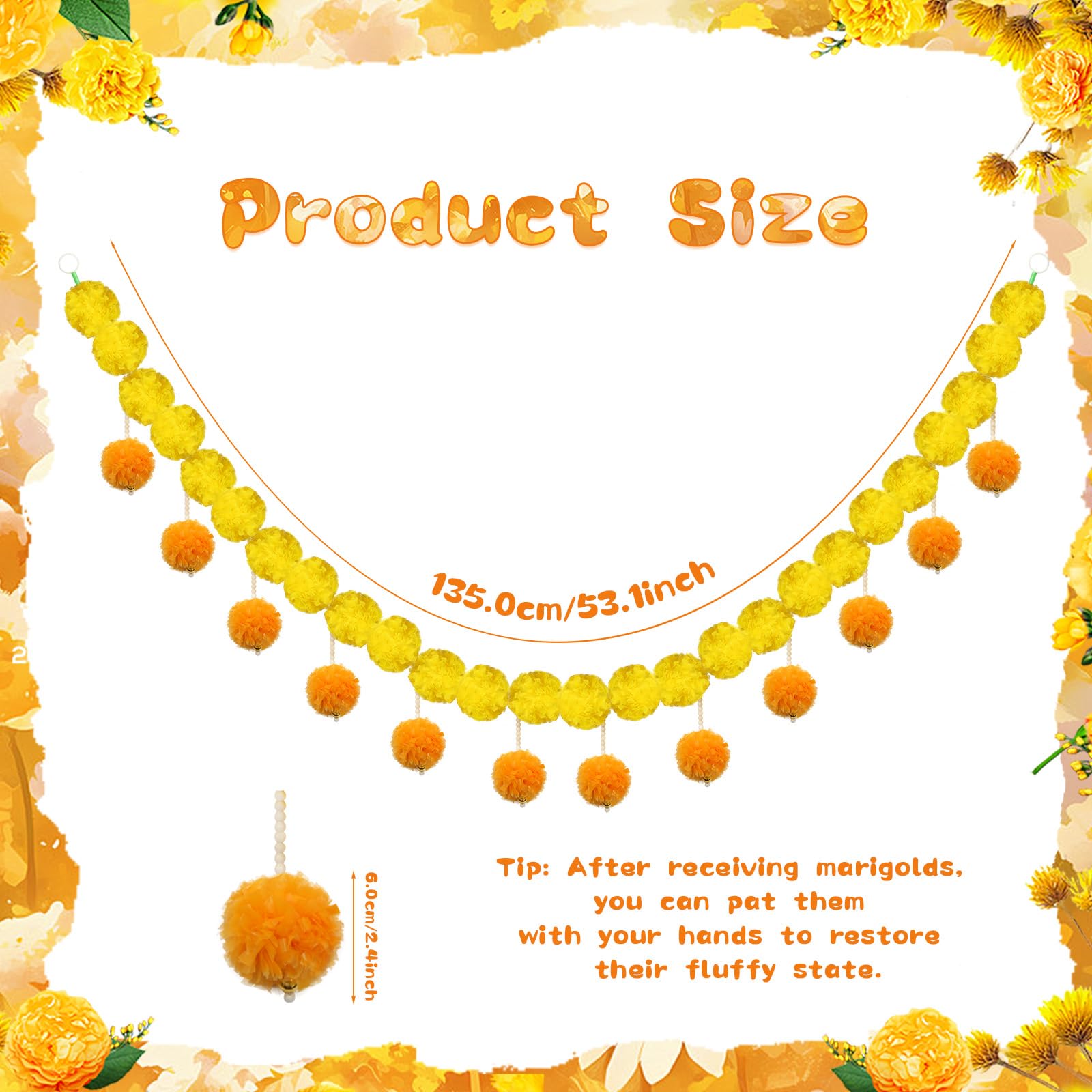 Day of the Dead Marigold Garland, 53 Inch Artificial Orange & Yellow Flower Garland for Día de los Muertos Decorations - Image 2